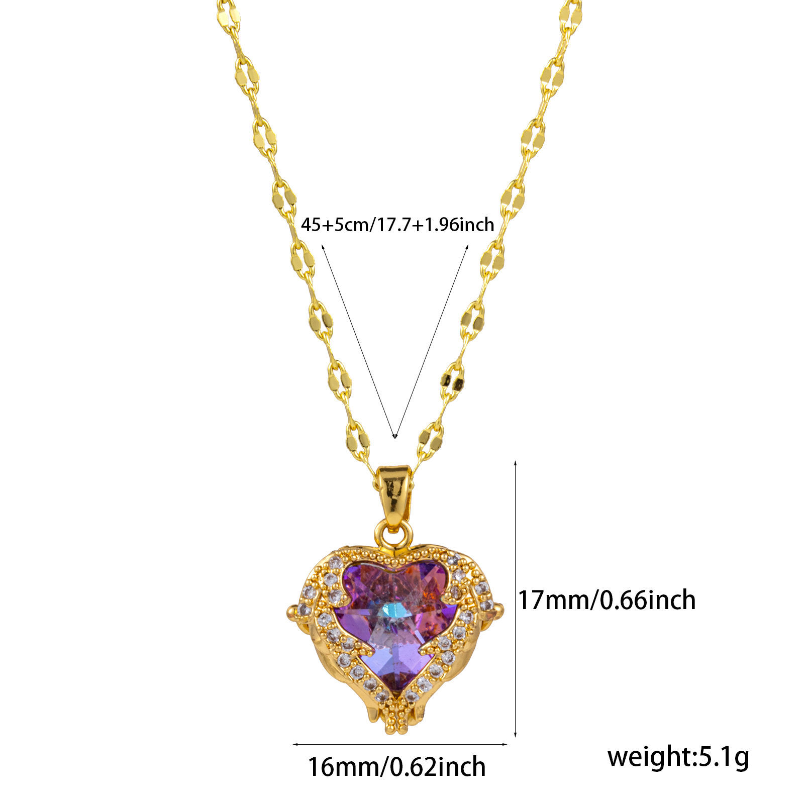 Picture of 1 Piece Eco-friendly Valentine's Day 18K Real Gold Plated Brass & Glass Lips Chain Heart Wing Luxury Colorful Crystal Ocean Heart Pendant Charm Necklace For Women 45cm(17.7") + 5cm(2") long