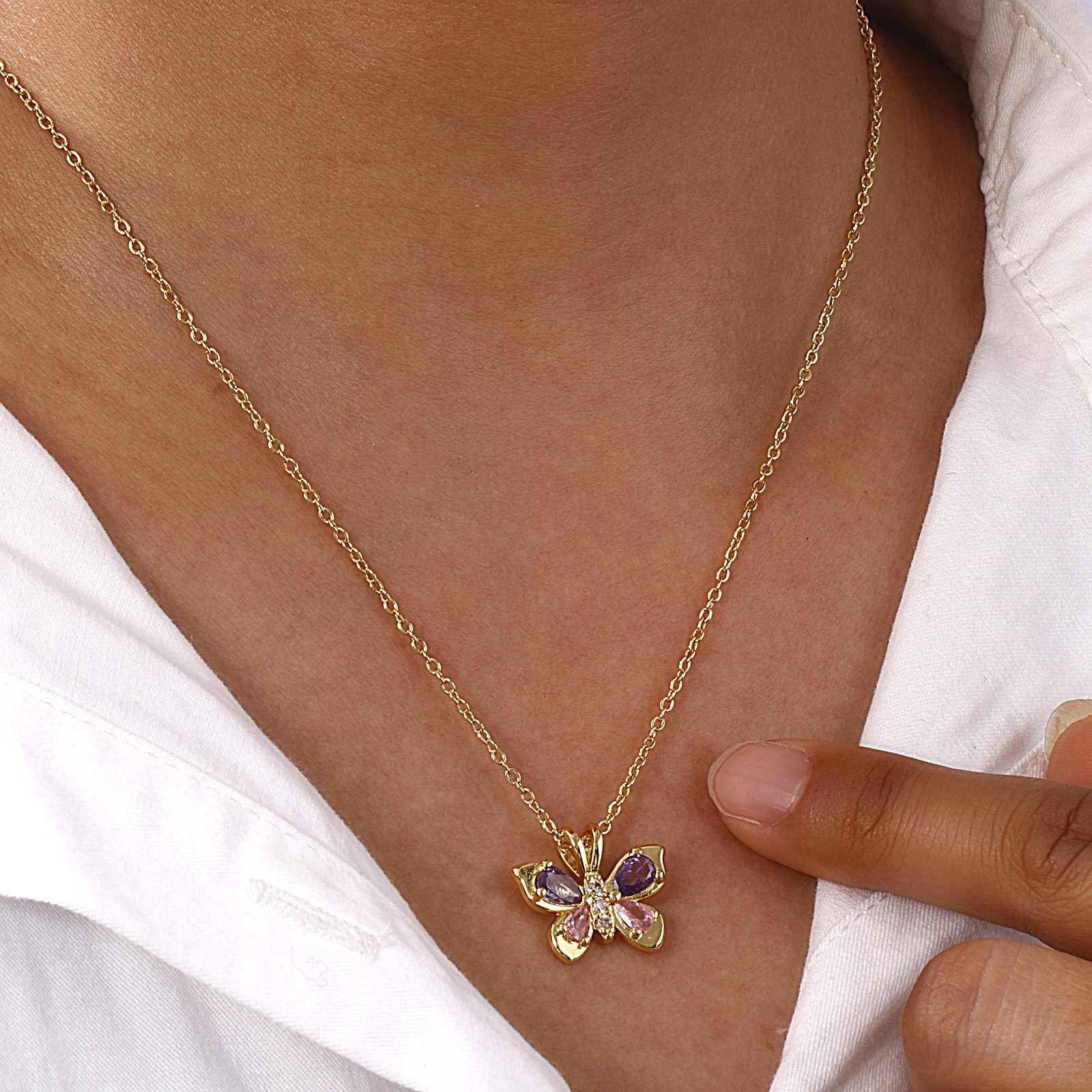 Bild von 1 Strang Umweltfreundlich Natürliche Pastoral Insekt 18K Echtgold plattiert Messing + Kubisch Zirkonia Kreuz Gliederketten Schmetterling Anhänger Halskette Für Frauen Geschenk 46cm + 6cm lang