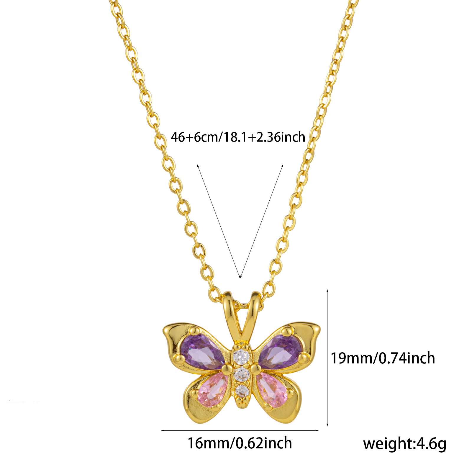 Bild von 1 Strang Umweltfreundlich Natürliche Pastoral Insekt 18K Echtgold plattiert Messing + Kubisch Zirkonia Kreuz Gliederketten Schmetterling Anhänger Halskette Für Frauen Geschenk 46cm + 6cm lang