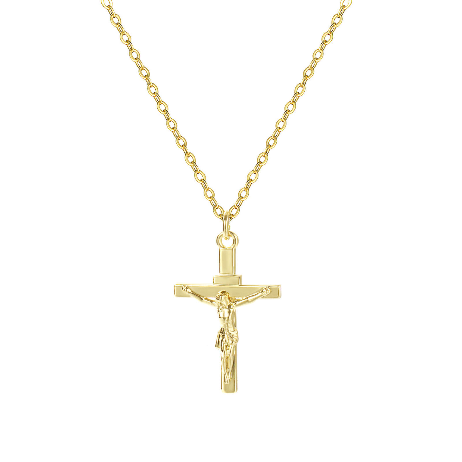 Picture of 1 Piece Eco-friendly Exquisite Religious 18K Real Gold Plated Brass Link Cable Chain Christ Jesus Cross Crucifix Pendant Charm Necklace Unisex Gift 46cm(18.1") + 6cm(2.4") long