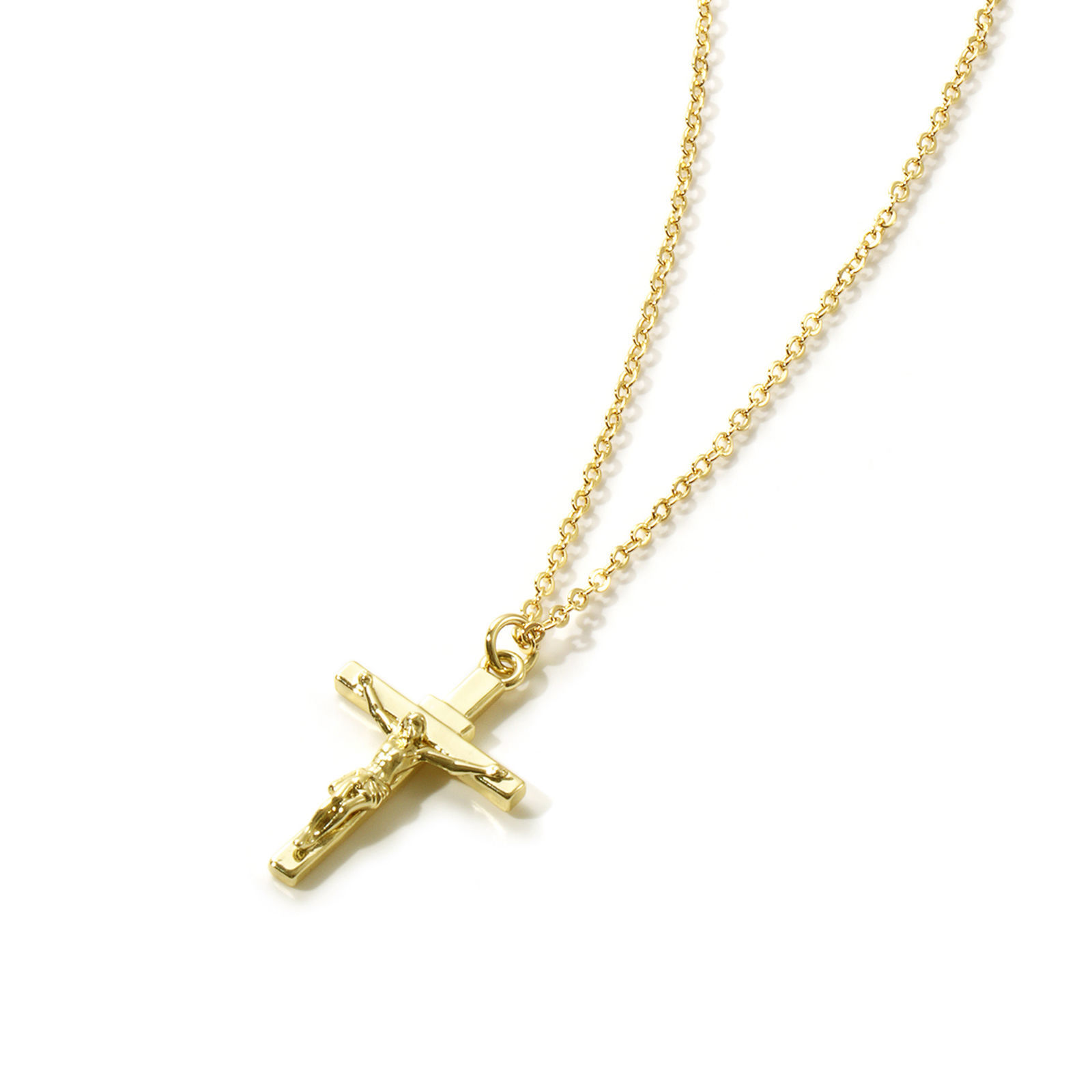 Picture of 1 Piece Eco-friendly Exquisite Religious 18K Real Gold Plated Brass Link Cable Chain Christ Jesus Cross Crucifix Pendant Charm Necklace Unisex Gift 46cm(18.1") + 6cm(2.4") long