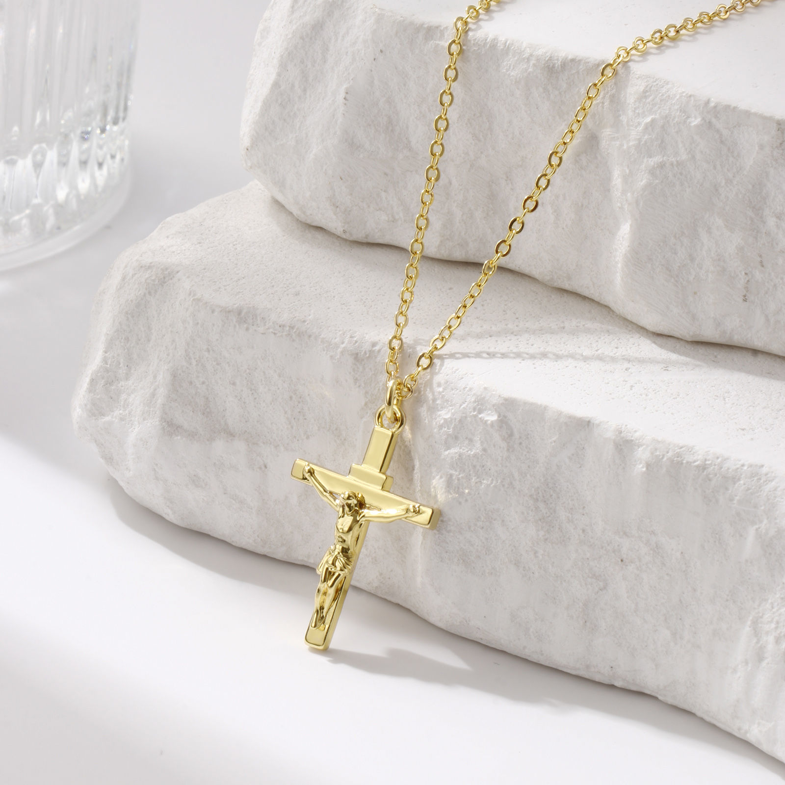 Picture of 1 Piece Eco-friendly Exquisite Religious 18K Real Gold Plated Brass Link Cable Chain Christ Jesus Cross Crucifix Pendant Charm Necklace Unisex Gift 46cm(18.1") + 6cm(2.4") long