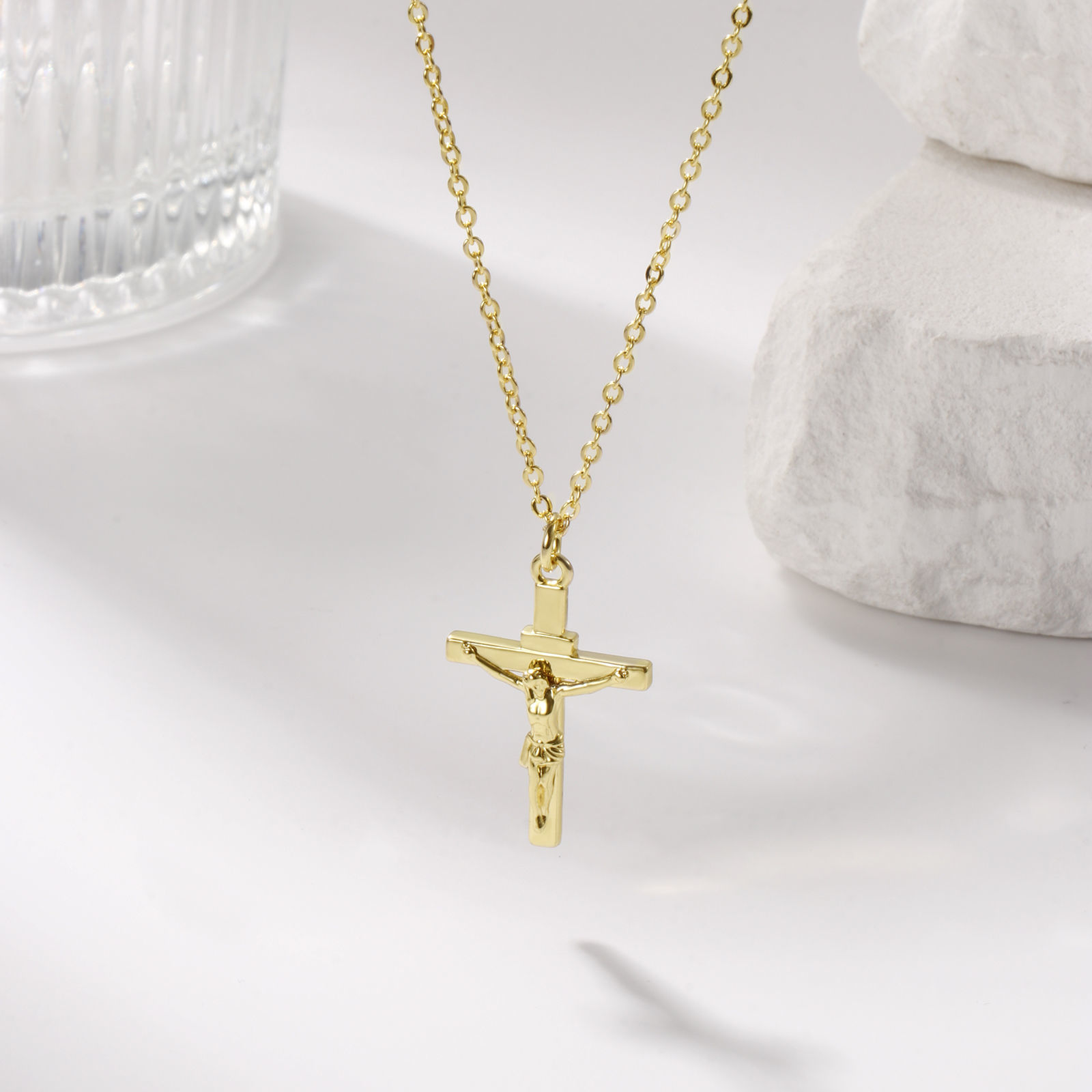 Picture of 1 Piece Eco-friendly Exquisite Religious 18K Real Gold Plated Brass Link Cable Chain Christ Jesus Cross Crucifix Pendant Charm Necklace Unisex Gift 46cm(18.1") + 6cm(2.4") long