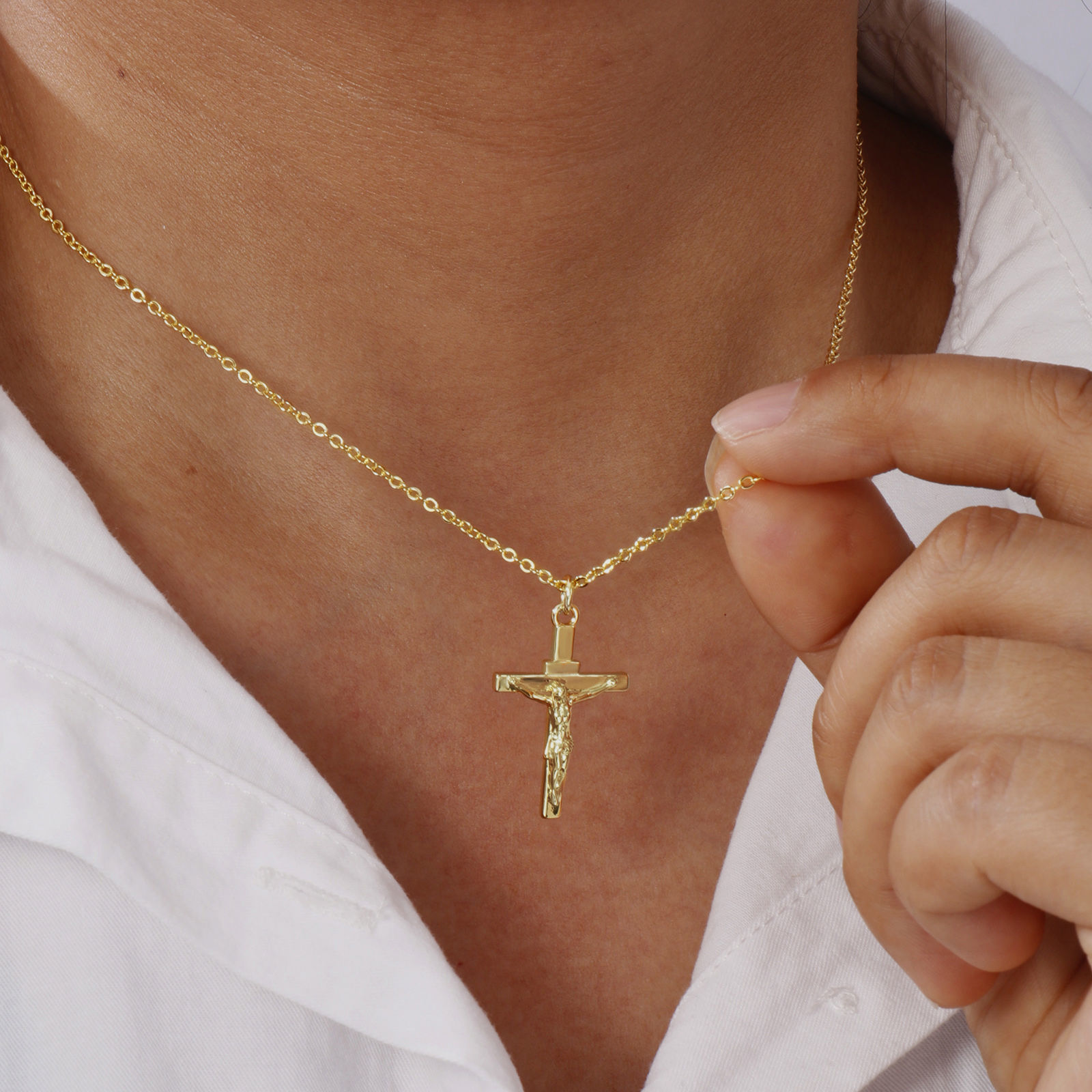 Picture of 1 Piece Eco-friendly Exquisite Religious 18K Real Gold Plated Brass Link Cable Chain Christ Jesus Cross Crucifix Pendant Charm Necklace Unisex Gift 46cm(18.1") + 6cm(2.4") long