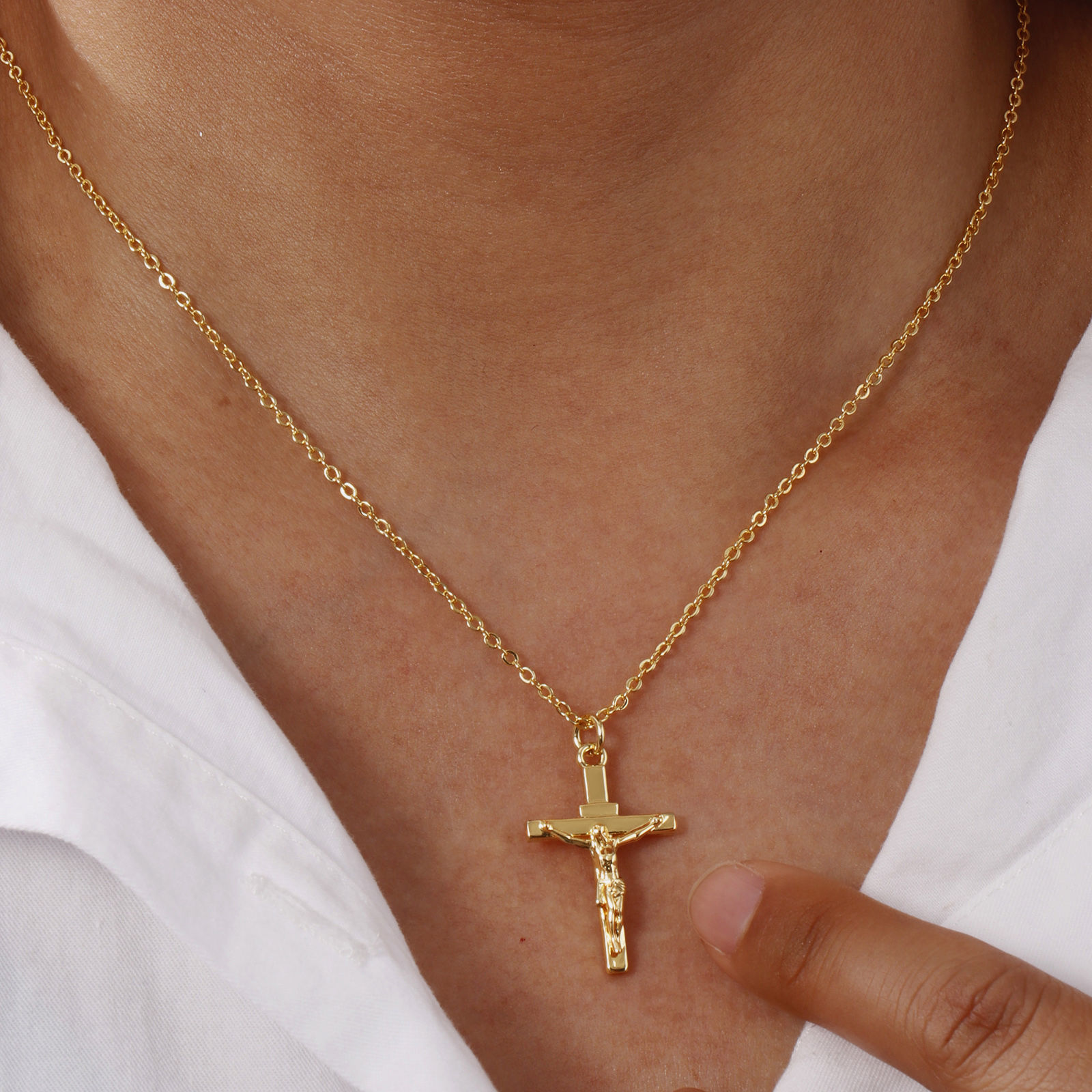 Picture of 1 Piece Eco-friendly Exquisite Religious 18K Real Gold Plated Brass Link Cable Chain Christ Jesus Cross Crucifix Pendant Charm Necklace Unisex Gift 46cm(18.1") + 6cm(2.4") long
