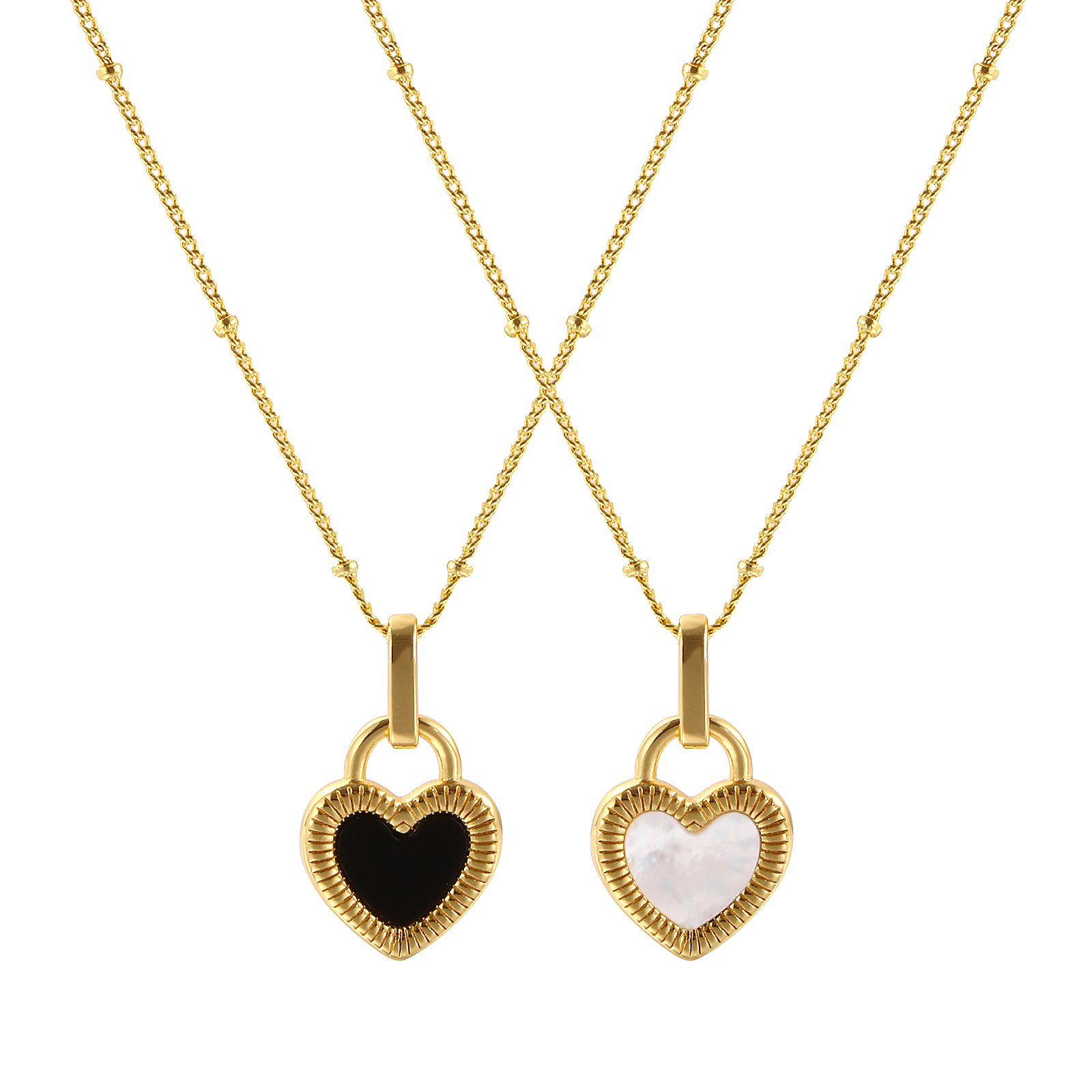 Picture of 1 Piece Eco-friendly Stylish Valentine's Day 18K Gold Plated Black & White Natural Shell & Brass Curb Link Chain Heart Double Sided Pendant Charm Necklace For Women Gift 45cm(17.7") + 5cm(2") long