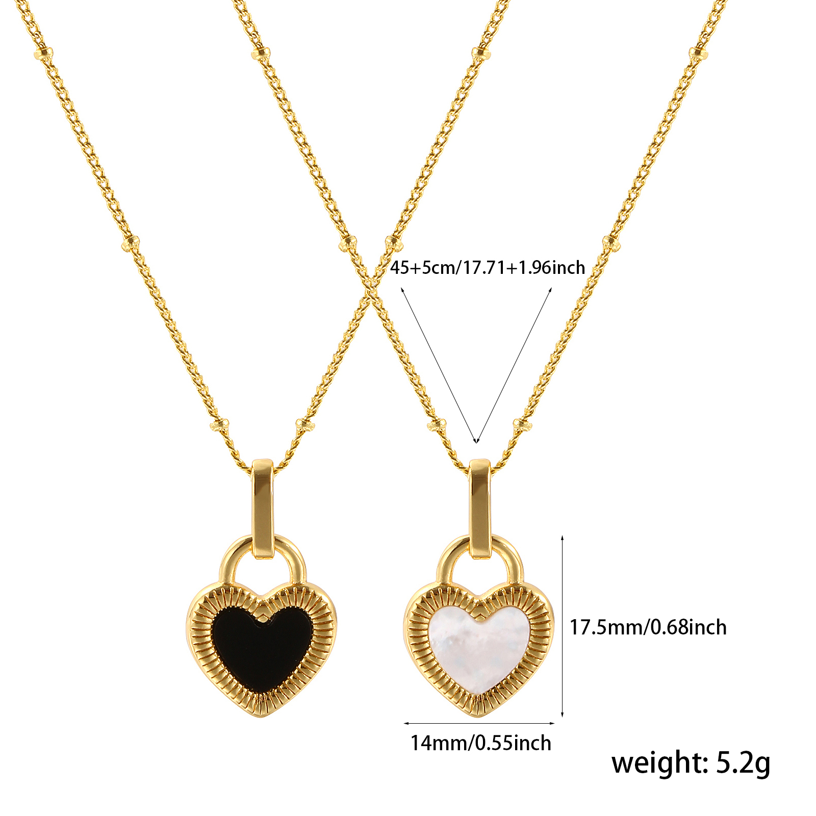 Picture of 1 Piece Eco-friendly Stylish Valentine's Day 18K Gold Plated Black & White Natural Shell & Brass Curb Link Chain Heart Double Sided Pendant Charm Necklace For Women Gift 45cm(17.7") + 5cm(2") long