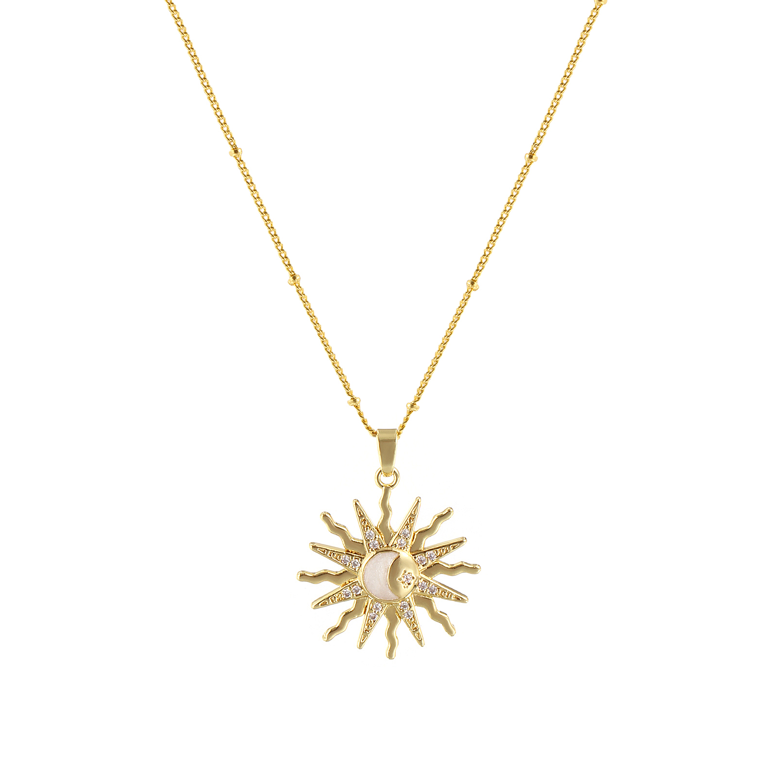 Picture of 1 Piece Eco-friendly Exquisite Galaxy 18K Gold Plated White Brass & Cubic Zirconia Curb Link Chain Sun Enamel Pendant Charm Necklace For Women Gift 45cm(17.7") + 5cm(2") long