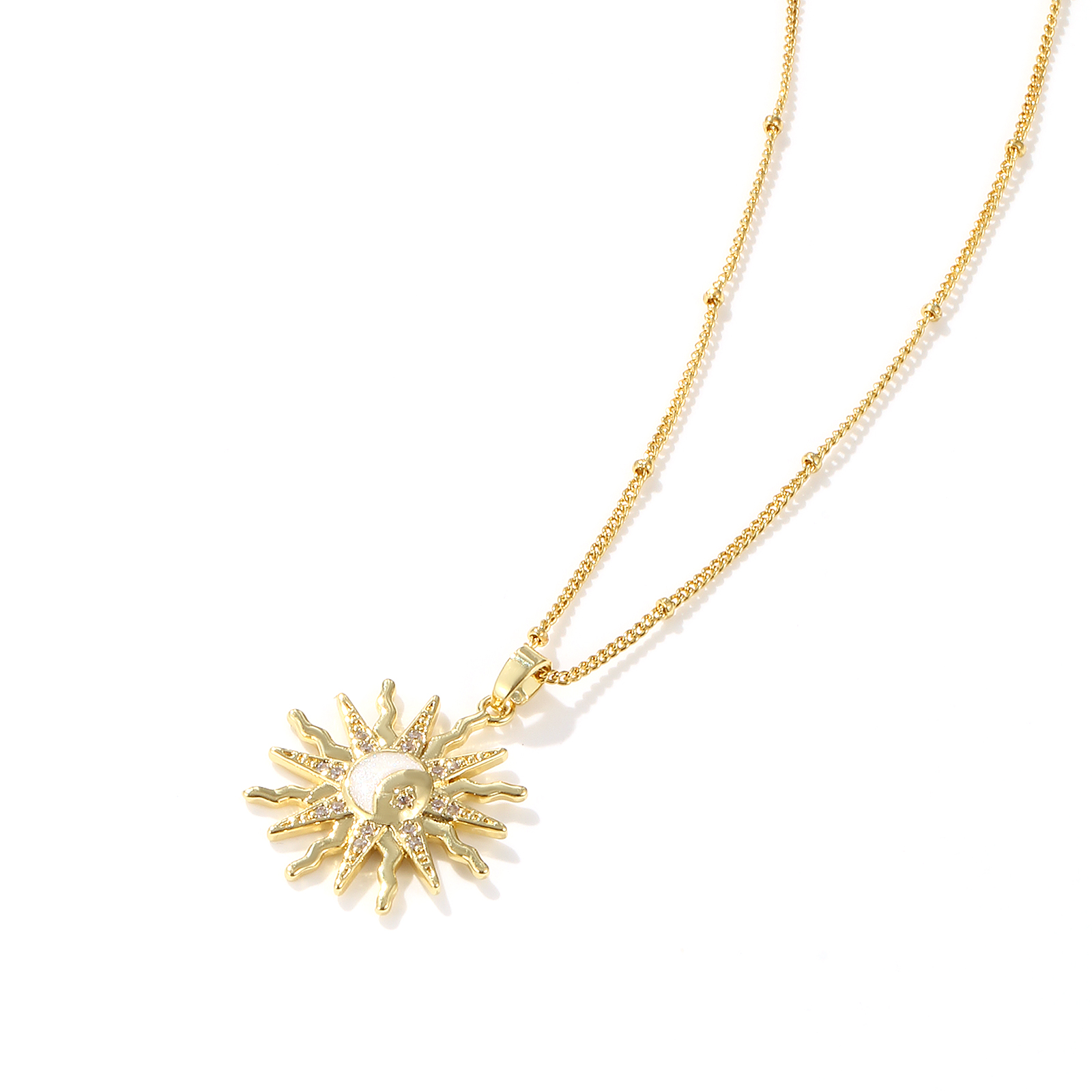 Picture of 1 Piece Eco-friendly Exquisite Galaxy 18K Gold Plated White Brass & Cubic Zirconia Curb Link Chain Sun Enamel Pendant Charm Necklace For Women Gift 45cm(17.7") + 5cm(2") long