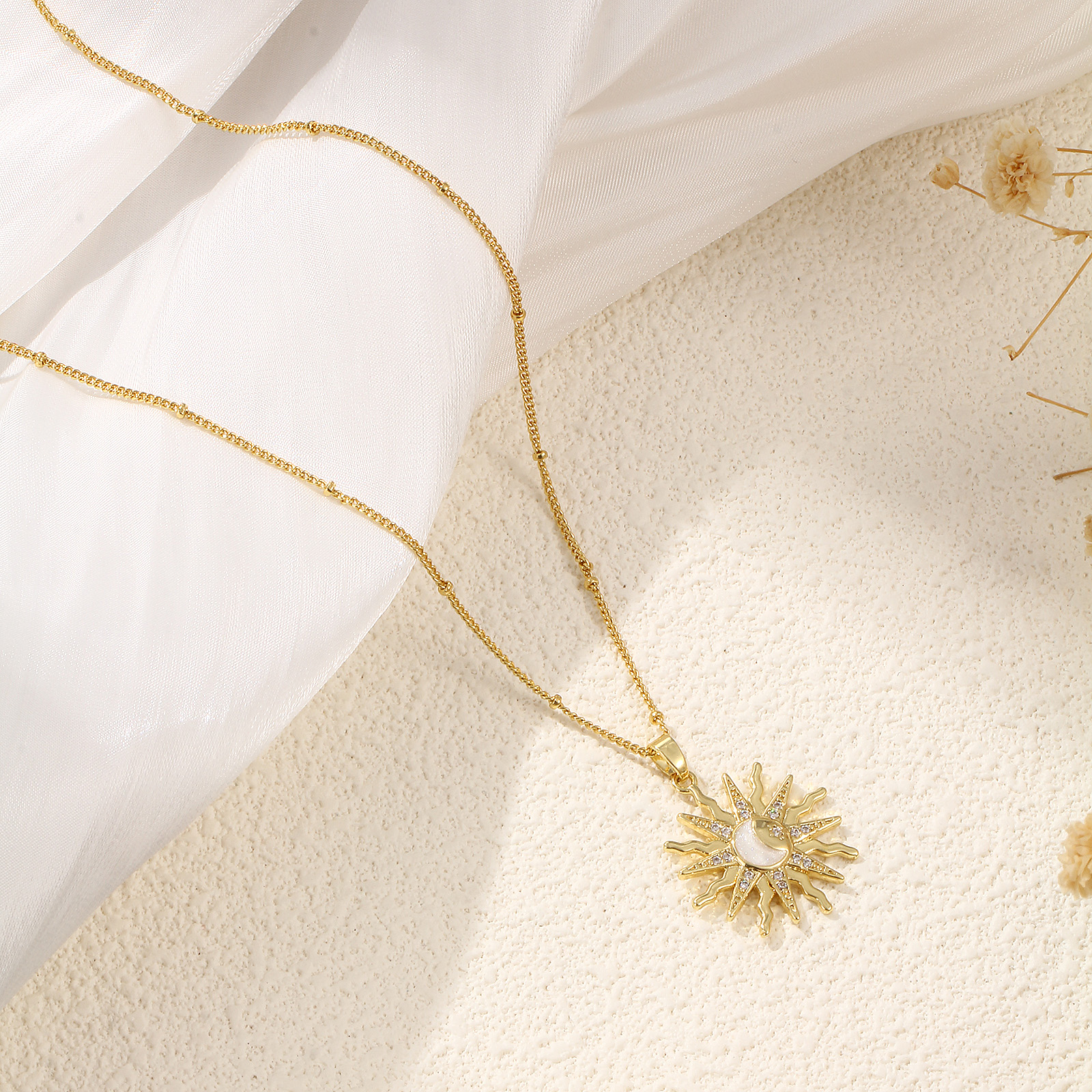Picture of 1 Piece Eco-friendly Exquisite Galaxy 18K Gold Plated White Brass & Cubic Zirconia Curb Link Chain Sun Enamel Pendant Charm Necklace For Women Gift 45cm(17.7") + 5cm(2") long