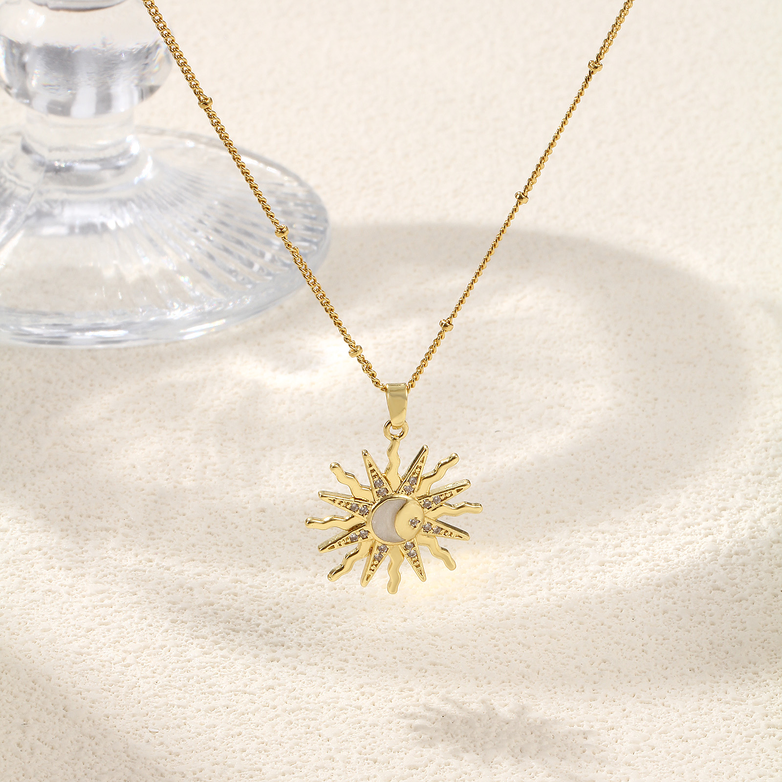 Picture of 1 Piece Eco-friendly Exquisite Galaxy 18K Gold Plated White Brass & Cubic Zirconia Curb Link Chain Sun Enamel Pendant Charm Necklace For Women Gift 45cm(17.7") + 5cm(2") long
