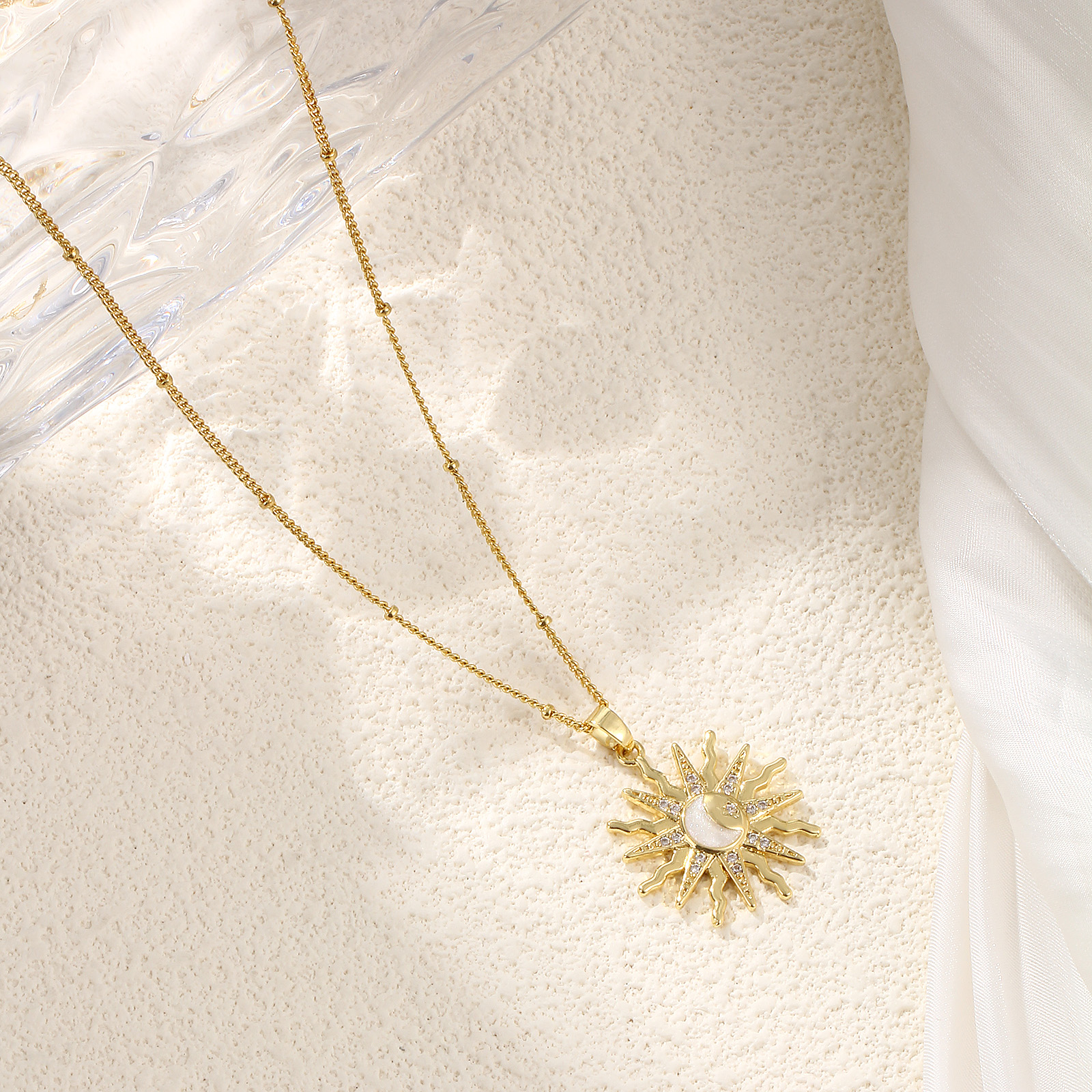 Picture of 1 Piece Eco-friendly Exquisite Galaxy 18K Gold Plated White Brass & Cubic Zirconia Curb Link Chain Sun Enamel Pendant Charm Necklace For Women Gift 45cm(17.7") + 5cm(2") long