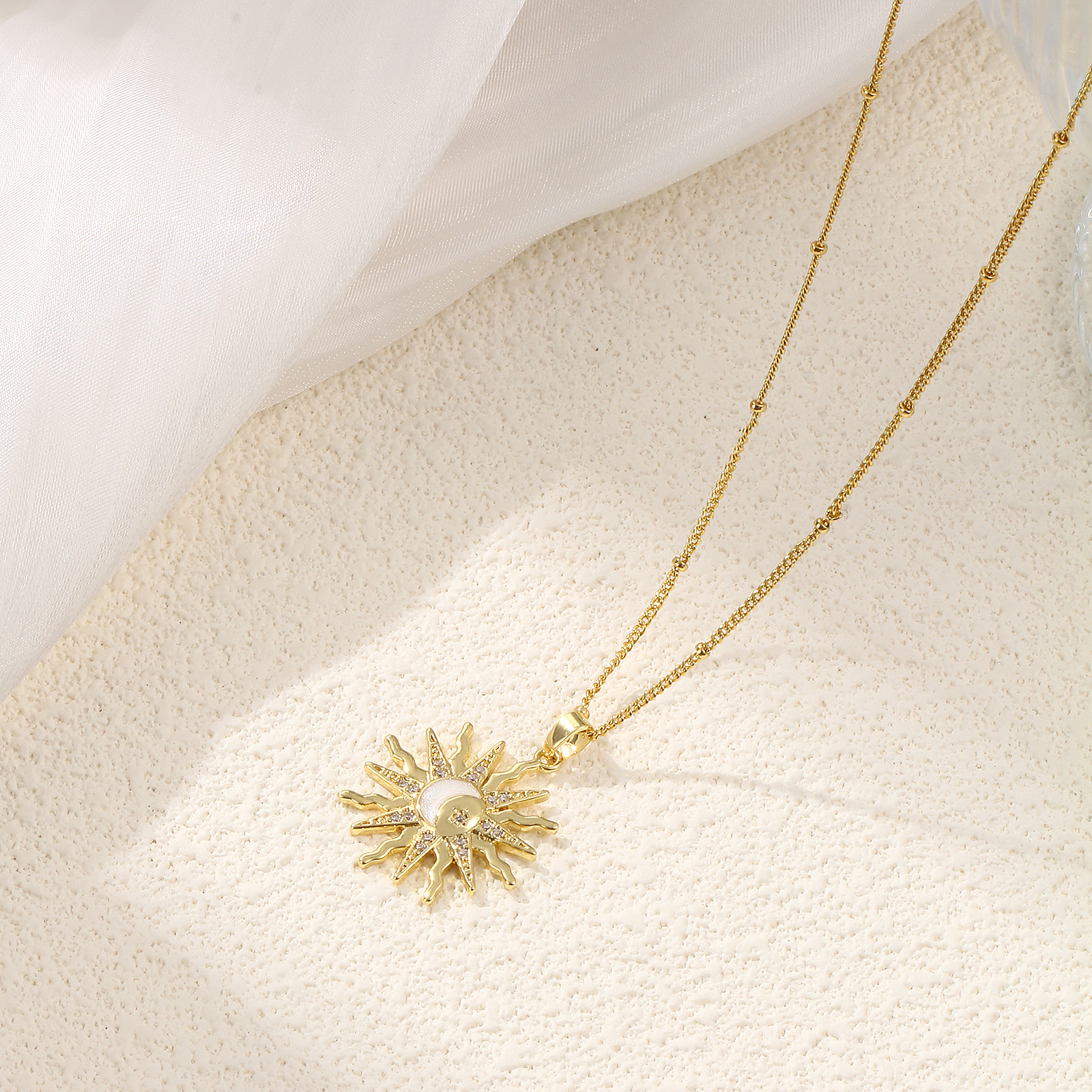 Picture of 1 Piece Eco-friendly Exquisite Galaxy 18K Gold Plated White Brass & Cubic Zirconia Curb Link Chain Sun Enamel Pendant Charm Necklace For Women Gift 45cm(17.7") + 5cm(2") long