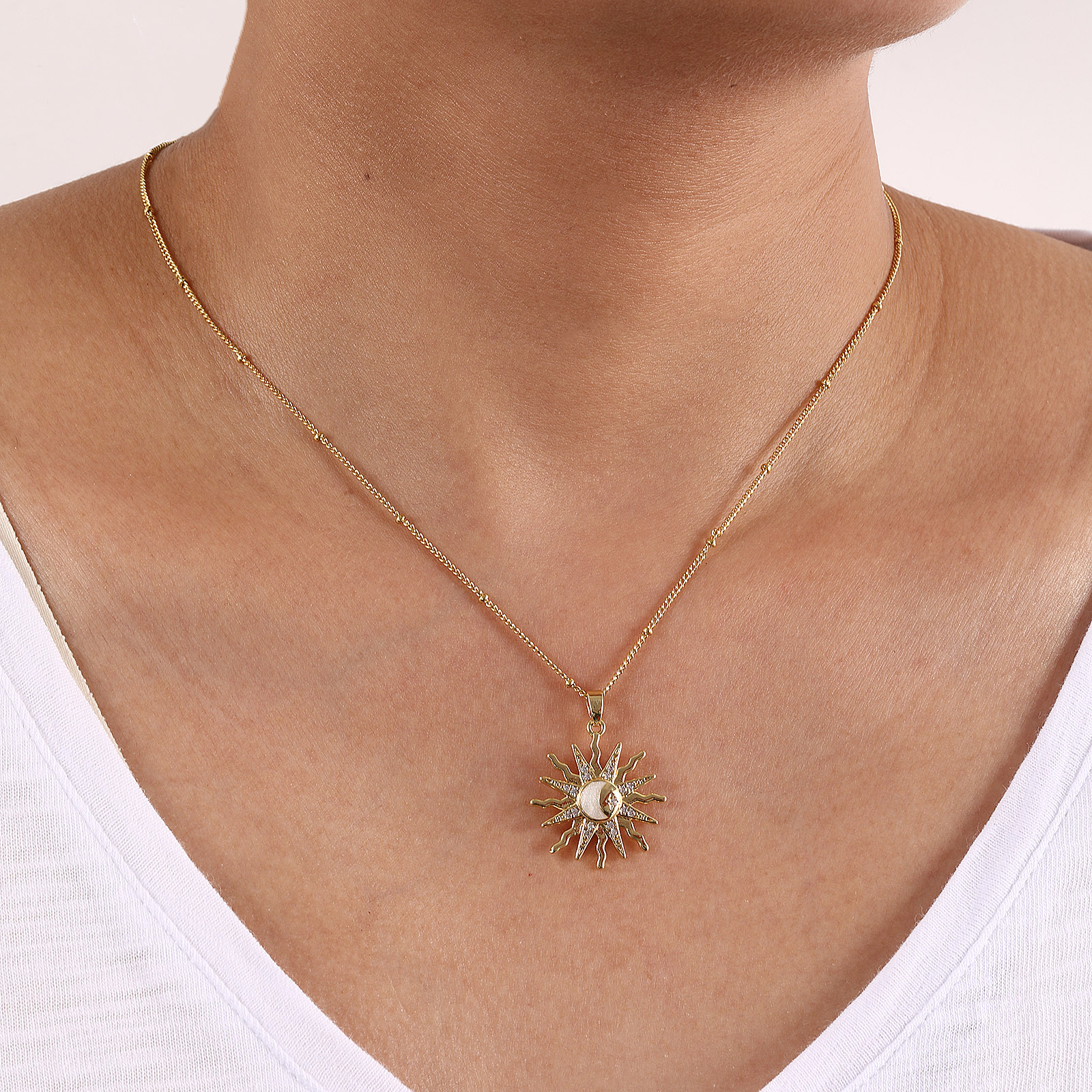 Picture of 1 Piece Eco-friendly Exquisite Galaxy 18K Gold Plated White Brass & Cubic Zirconia Curb Link Chain Sun Enamel Pendant Charm Necklace For Women Gift 45cm(17.7") + 5cm(2") long
