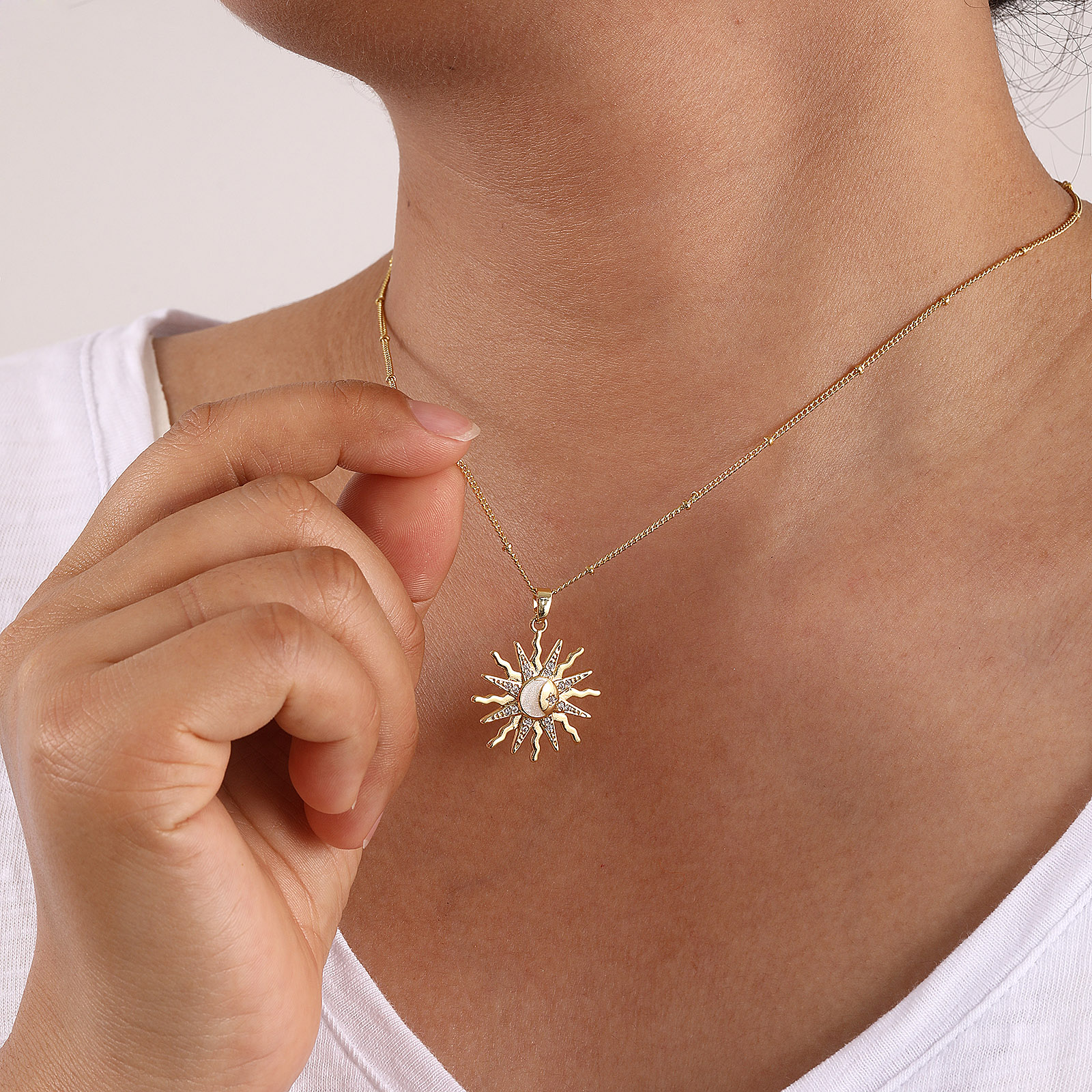 Picture of 1 Piece Eco-friendly Exquisite Galaxy 18K Gold Plated White Brass & Cubic Zirconia Curb Link Chain Sun Enamel Pendant Charm Necklace For Women Gift 45cm(17.7") + 5cm(2") long
