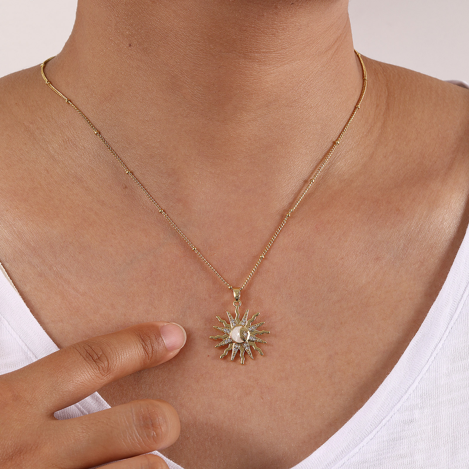 Picture of 1 Piece Eco-friendly Exquisite Galaxy 18K Gold Plated White Brass & Cubic Zirconia Curb Link Chain Sun Enamel Pendant Charm Necklace For Women Gift 45cm(17.7") + 5cm(2") long