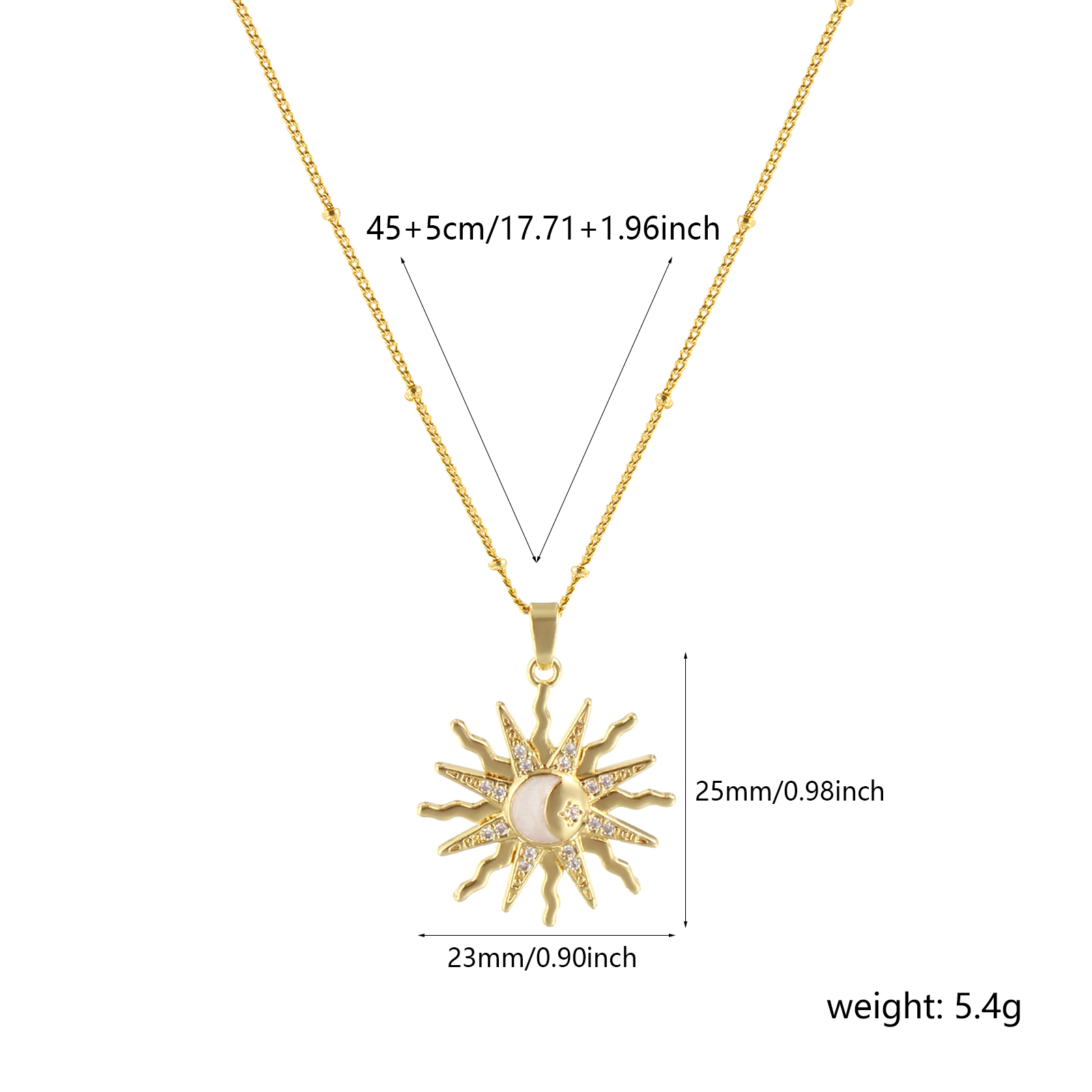 Picture of 1 Piece Eco-friendly Exquisite Galaxy 18K Gold Plated White Brass & Cubic Zirconia Curb Link Chain Sun Enamel Pendant Charm Necklace For Women Gift 45cm(17.7") + 5cm(2") long