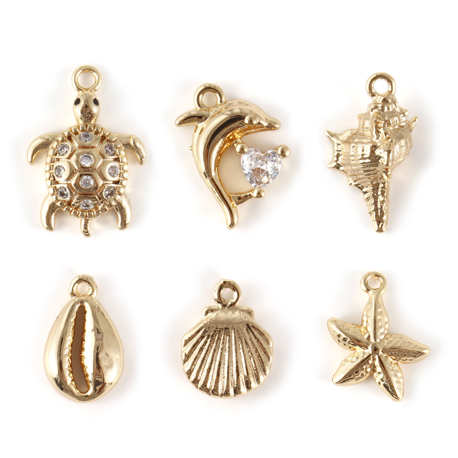 Picture of 1 Set ( 6 PCs/Set) Brass Ocean Jewelry Charms 18K Gold Plated Shell Mixed 3D