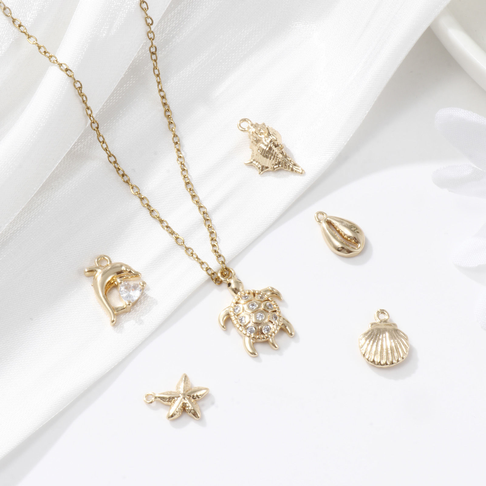Picture of 1 Set ( 6 PCs/Set) Brass Ocean Jewelry Charms 18K Gold Plated Shell Mixed 3D