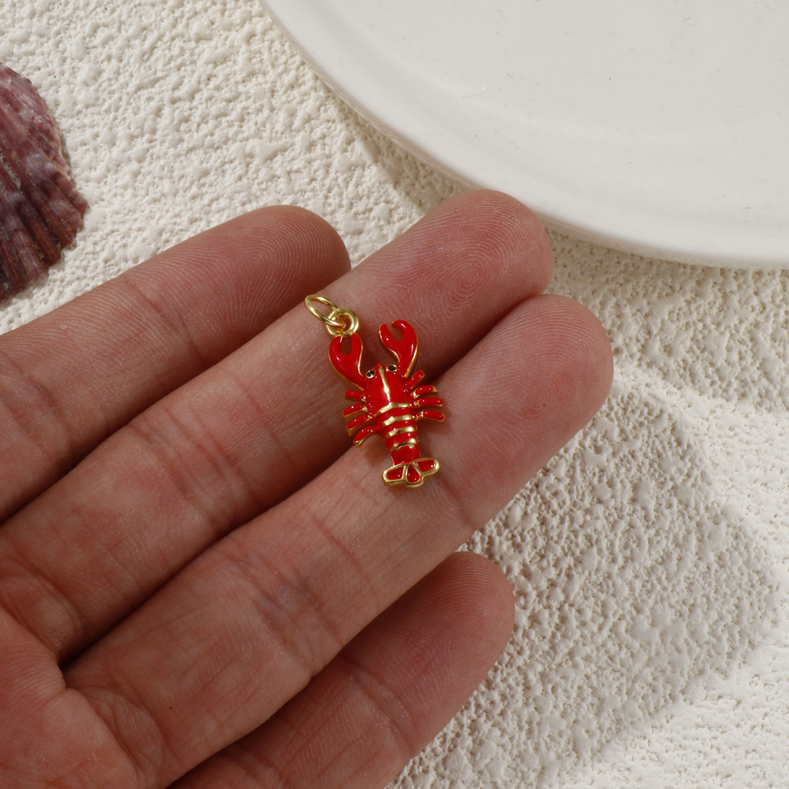 Picture of 1 Piece Eco-friendly Brass Ocean Jewelry Charms 18K Real Gold Plated Red Enamel Lobster 3D 24mm x 10mm