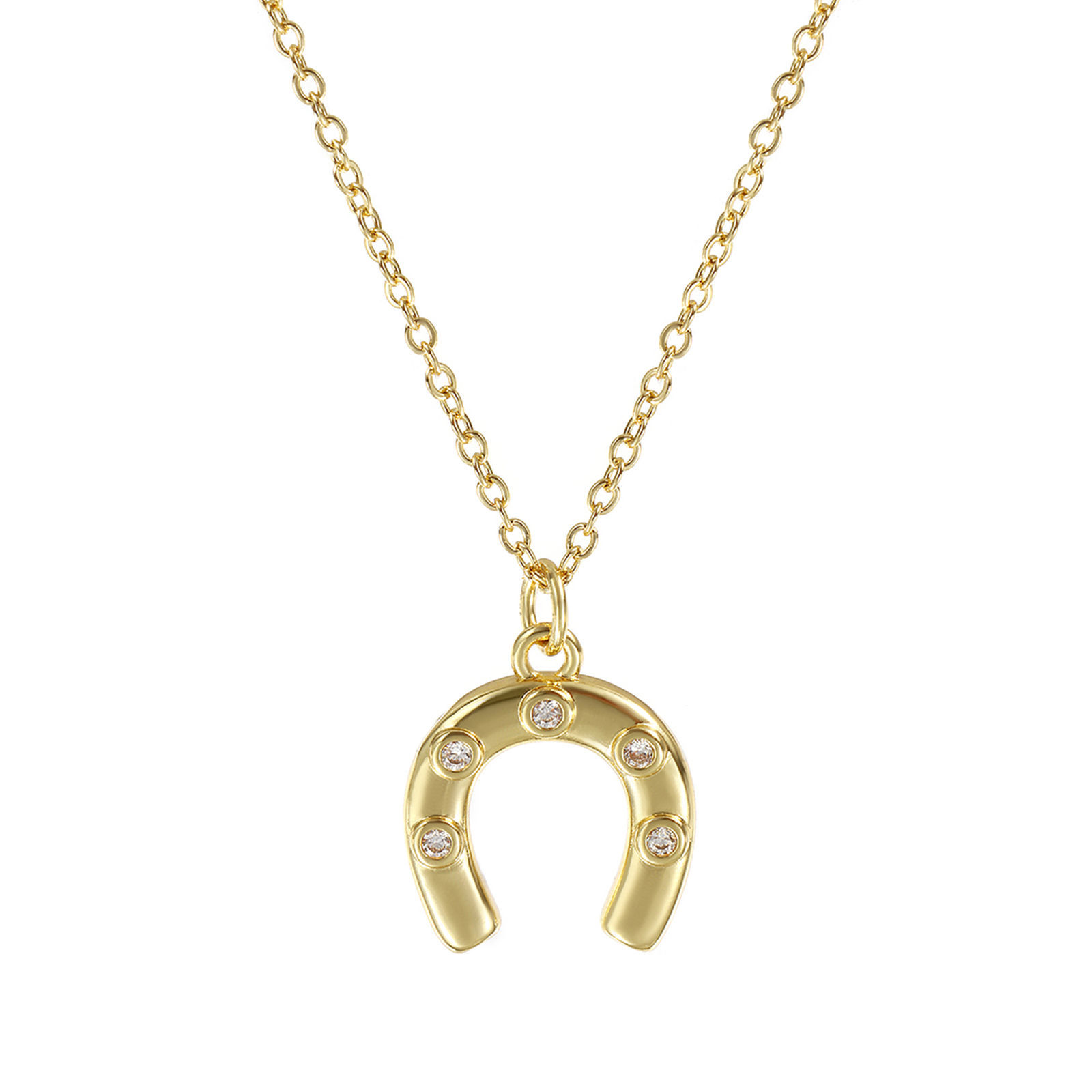 Picture of 1 Piece Eco-friendly Stylish West Cowboy 18K Real Gold Plated Transparent Clear Brass & Cubic Zirconia Link Cable Chain Luck Horseshoe Pendant Charm Necklace For Women Gift 46cm(18.1") + 6cm(2.4") long