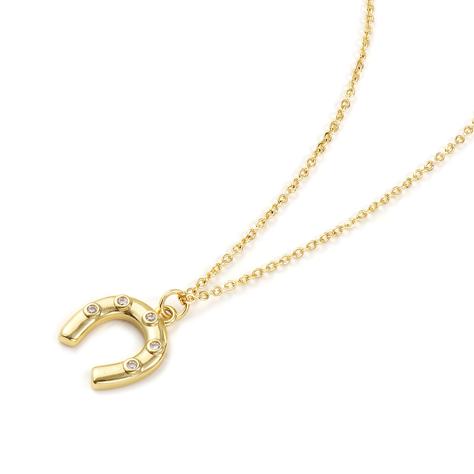 Picture of 1 Piece Eco-friendly Stylish West Cowboy 18K Real Gold Plated Transparent Clear Brass & Cubic Zirconia Link Cable Chain Luck Horseshoe Pendant Charm Necklace For Women Gift 46cm(18.1") + 6cm(2.4") long