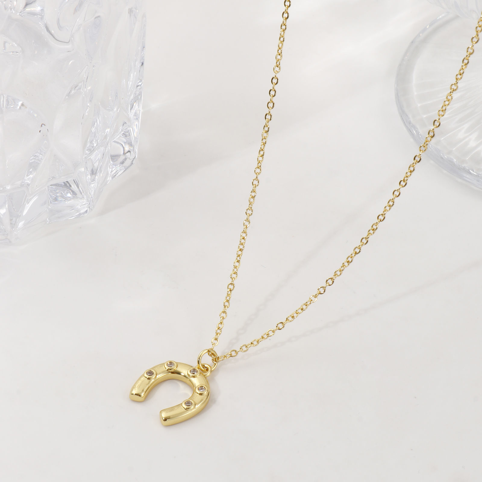 Picture of 1 Piece Eco-friendly Stylish West Cowboy 18K Real Gold Plated Transparent Clear Brass & Cubic Zirconia Link Cable Chain Luck Horseshoe Pendant Charm Necklace For Women Gift 46cm(18.1") + 6cm(2.4") long