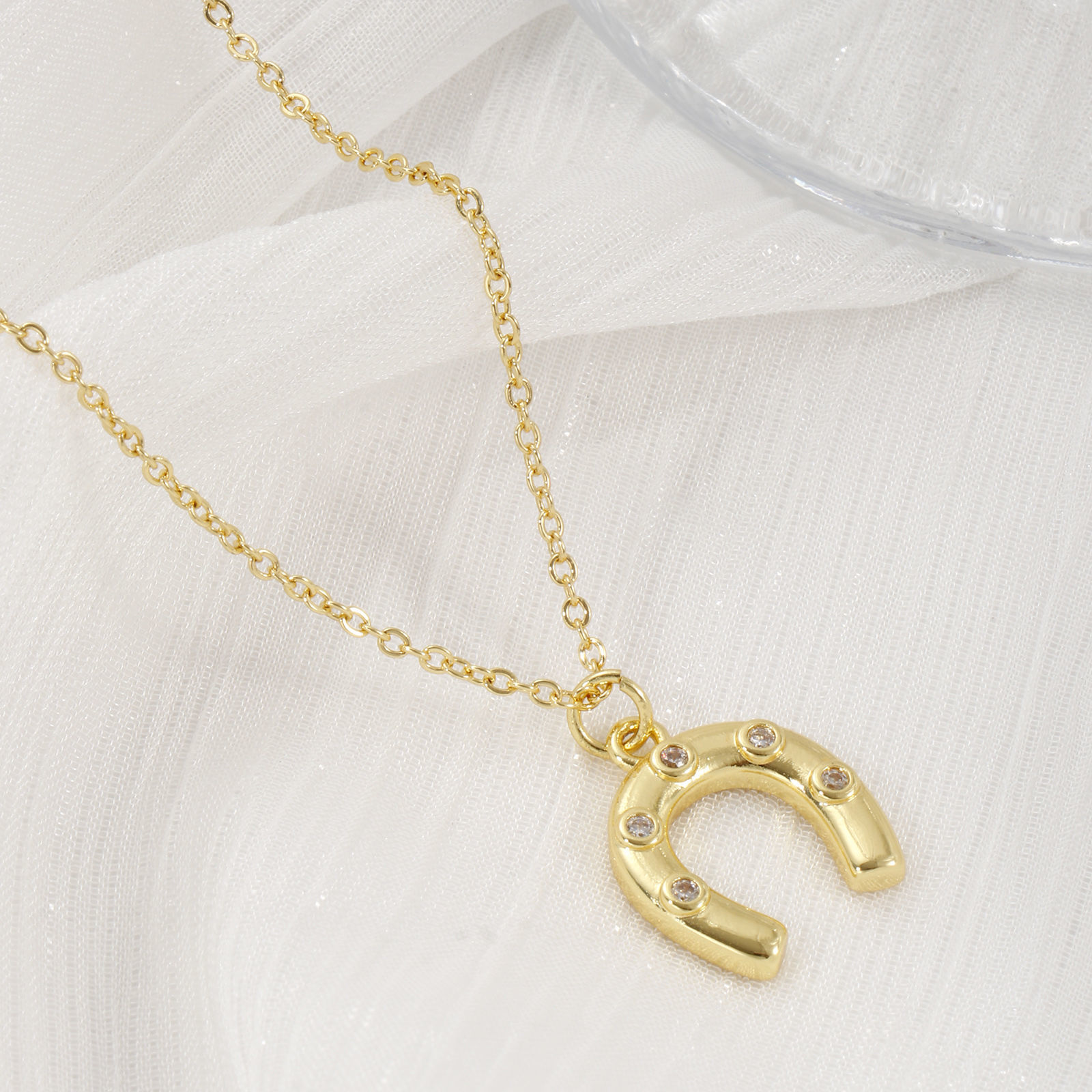 Picture of 1 Piece Eco-friendly Stylish West Cowboy 18K Real Gold Plated Transparent Clear Brass & Cubic Zirconia Link Cable Chain Luck Horseshoe Pendant Charm Necklace For Women Gift 46cm(18.1") + 6cm(2.4") long
