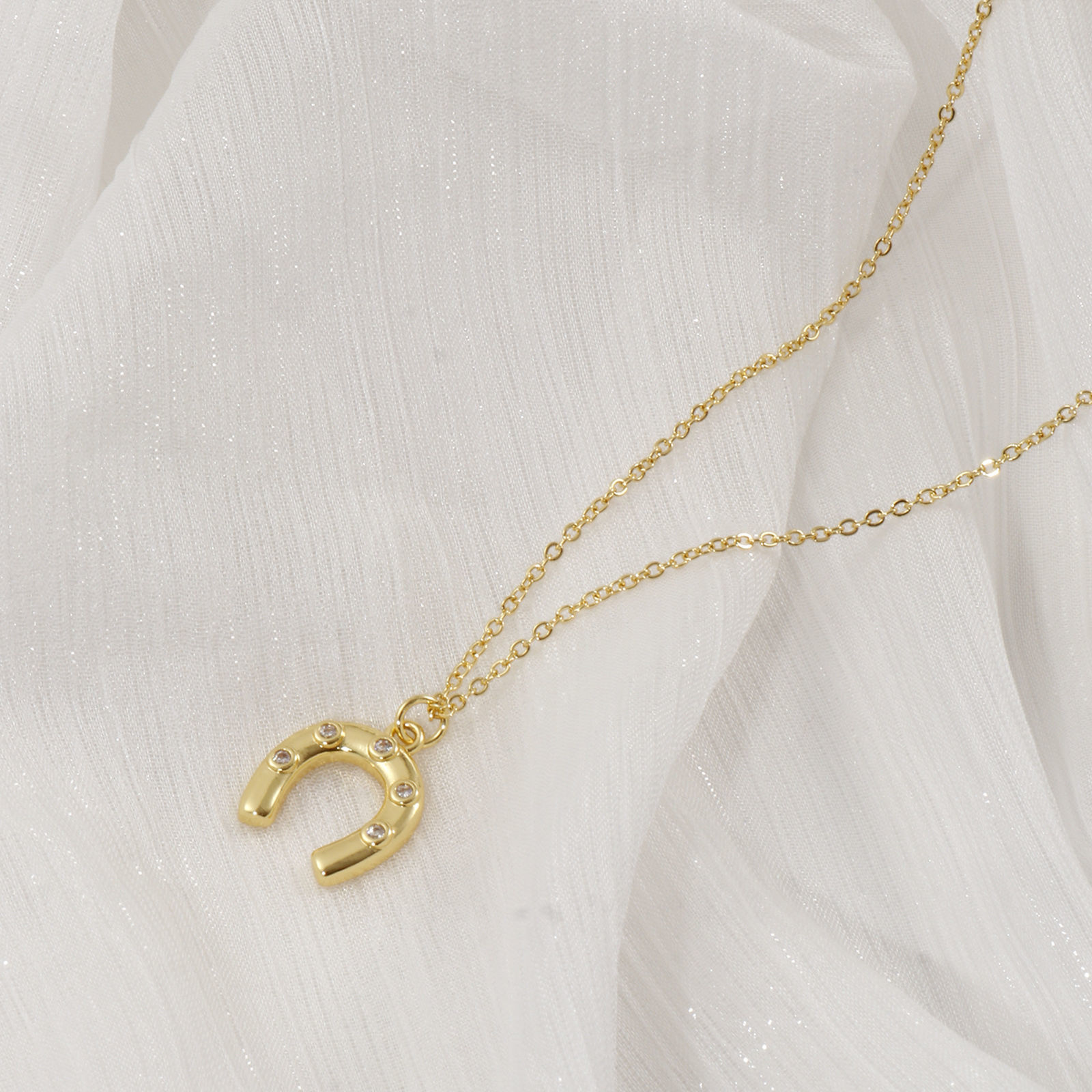 Picture of 1 Piece Eco-friendly Stylish West Cowboy 18K Real Gold Plated Transparent Clear Brass & Cubic Zirconia Link Cable Chain Luck Horseshoe Pendant Charm Necklace For Women Gift 46cm(18.1") + 6cm(2.4") long