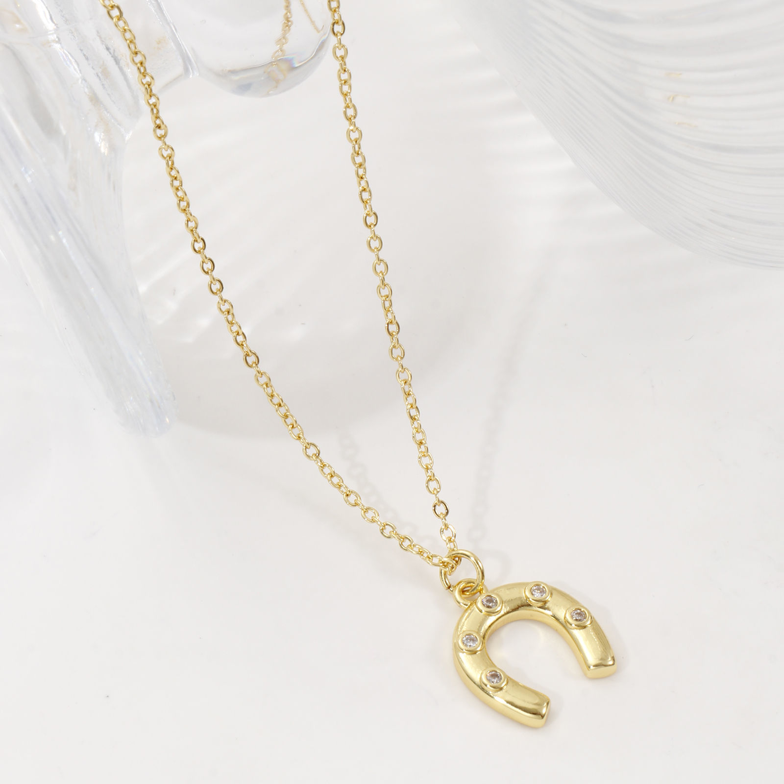 Picture of 1 Piece Eco-friendly Stylish West Cowboy 18K Real Gold Plated Transparent Clear Brass & Cubic Zirconia Link Cable Chain Luck Horseshoe Pendant Charm Necklace For Women Gift 46cm(18.1") + 6cm(2.4") long