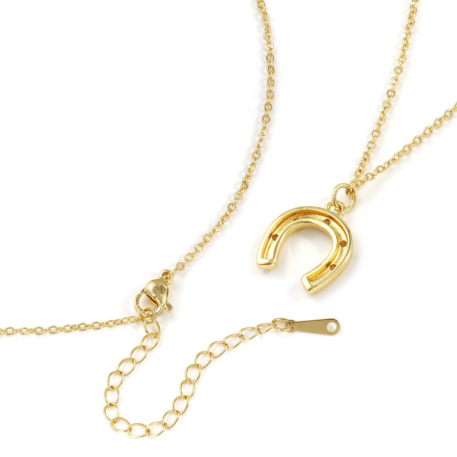 Picture of 1 Piece Eco-friendly Stylish West Cowboy 18K Real Gold Plated Transparent Clear Brass & Cubic Zirconia Link Cable Chain Luck Horseshoe Pendant Charm Necklace For Women Gift 46cm(18.1") + 6cm(2.4") long