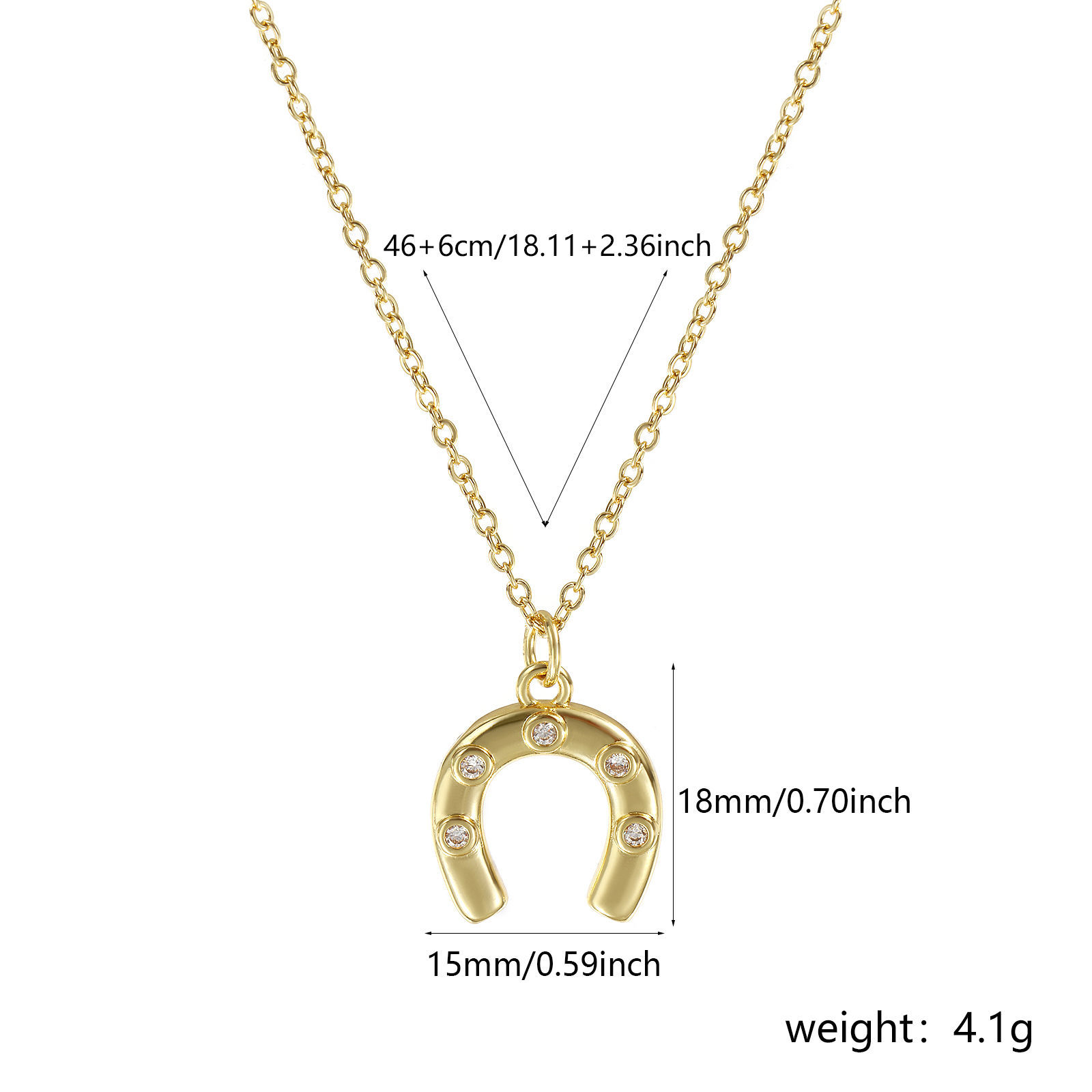 Picture of 1 Piece Eco-friendly Stylish West Cowboy 18K Real Gold Plated Transparent Clear Brass & Cubic Zirconia Link Cable Chain Luck Horseshoe Pendant Charm Necklace For Women Gift 46cm(18.1") + 6cm(2.4") long