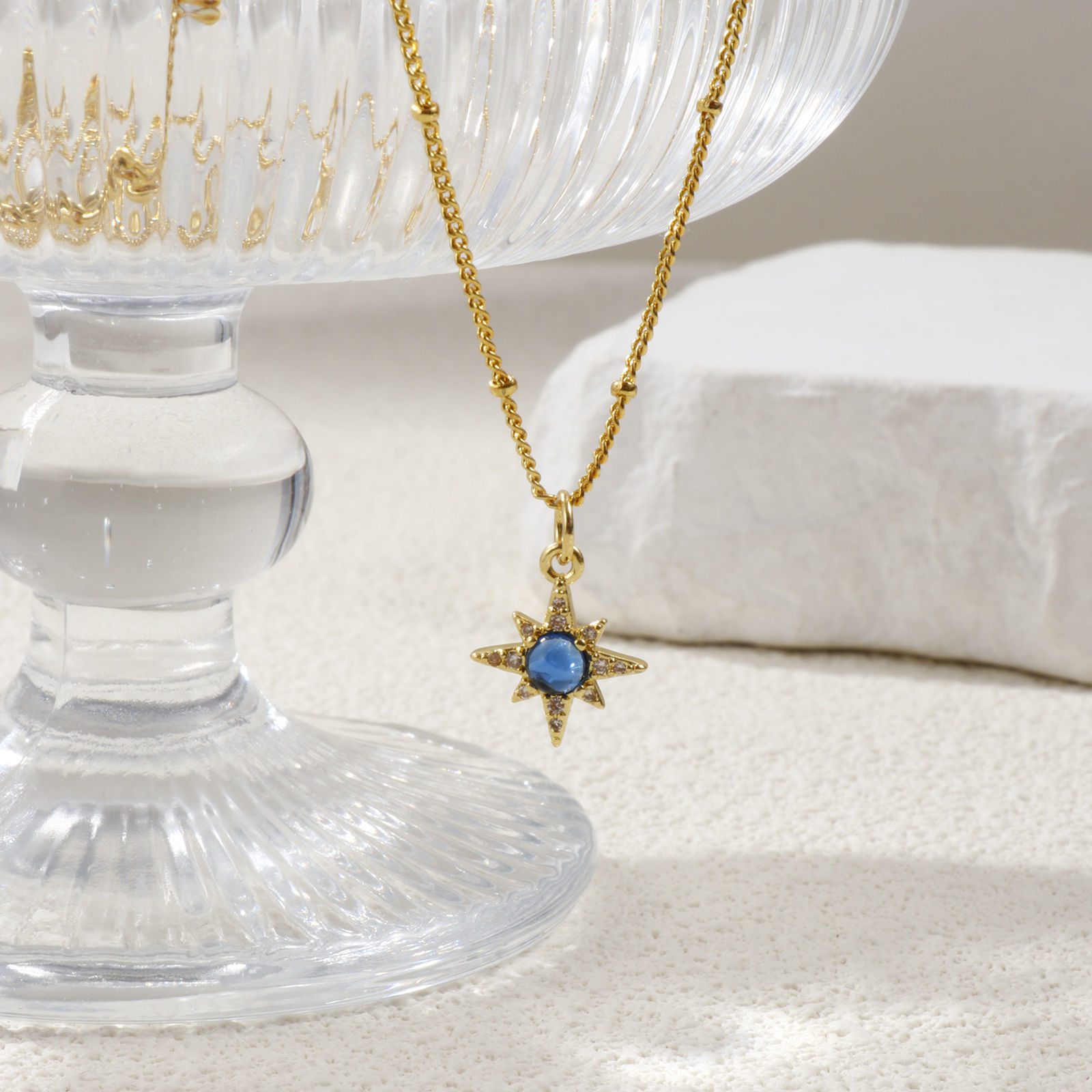 Picture of 1 Piece Eco-friendly Exquisite Galaxy 18K Real Gold Plated Dark Blue Brass & Cubic Zirconia Curb Link Chain Star Pendant Charm Necklace For Women Gift 45cm(17.7") + 5cm(2") long
