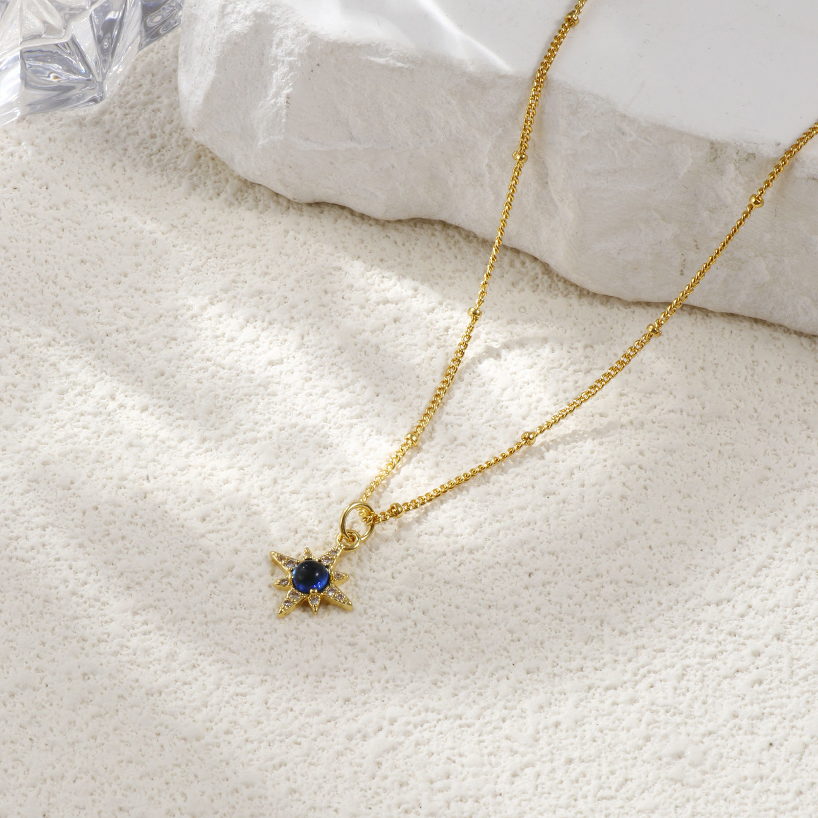 Picture of 1 Piece Eco-friendly Exquisite Galaxy 18K Real Gold Plated Dark Blue Brass & Cubic Zirconia Curb Link Chain Star Pendant Charm Necklace For Women Gift 45cm(17.7") + 5cm(2") long