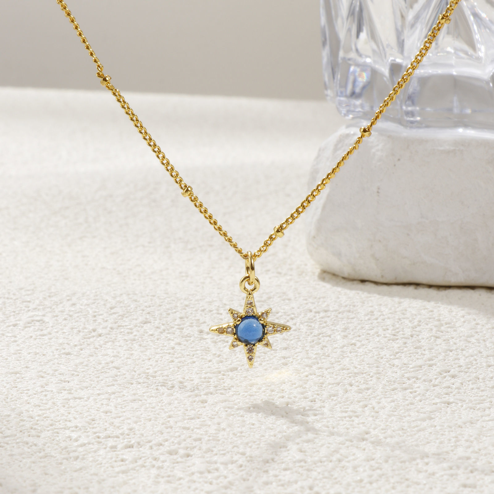 Picture of 1 Piece Eco-friendly Exquisite Galaxy 18K Real Gold Plated Dark Blue Brass & Cubic Zirconia Curb Link Chain Star Pendant Charm Necklace For Women Gift 45cm(17.7") + 5cm(2") long