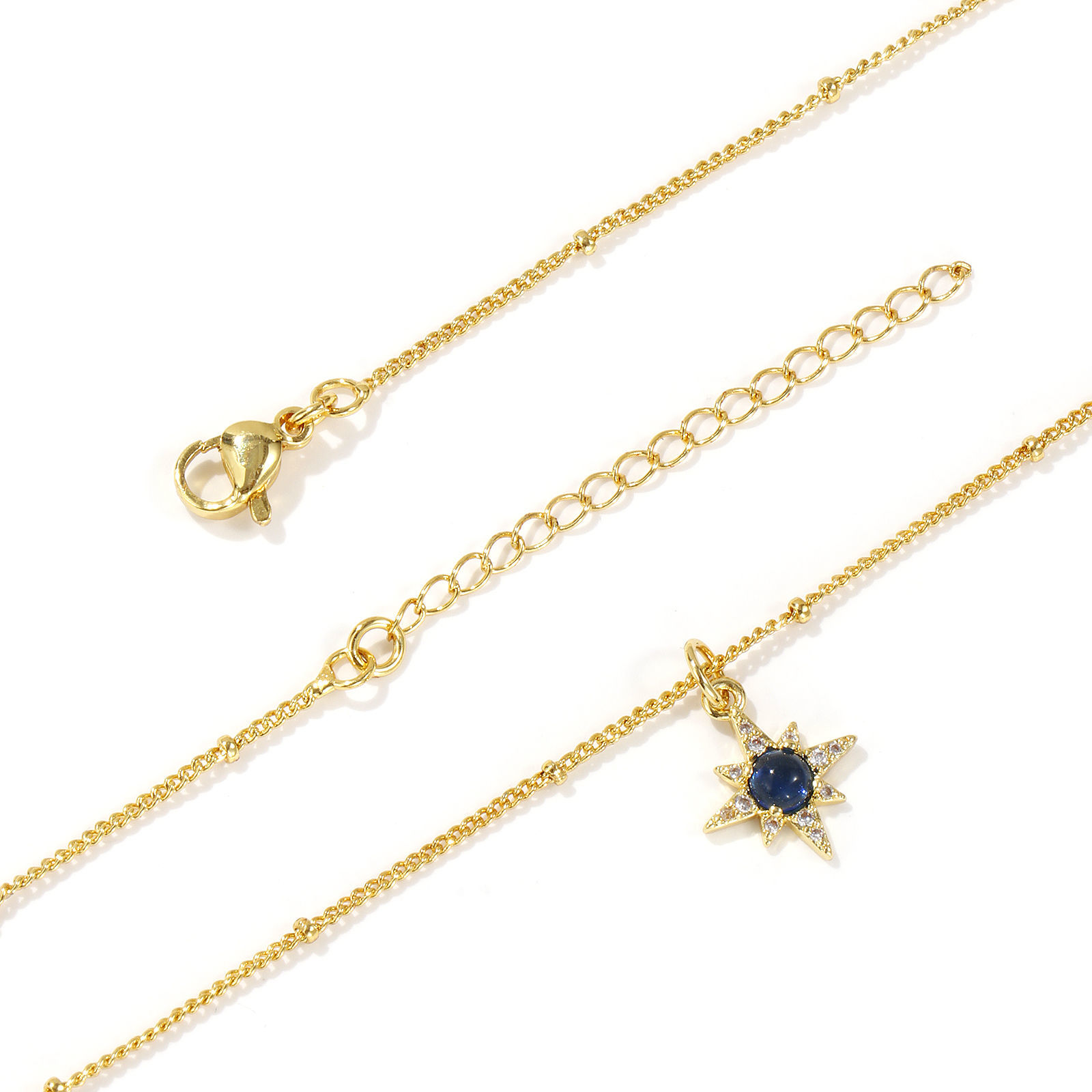 Picture of 1 Piece Eco-friendly Exquisite Galaxy 18K Real Gold Plated Dark Blue Brass & Cubic Zirconia Curb Link Chain Star Pendant Charm Necklace For Women Gift 45cm(17.7") + 5cm(2") long