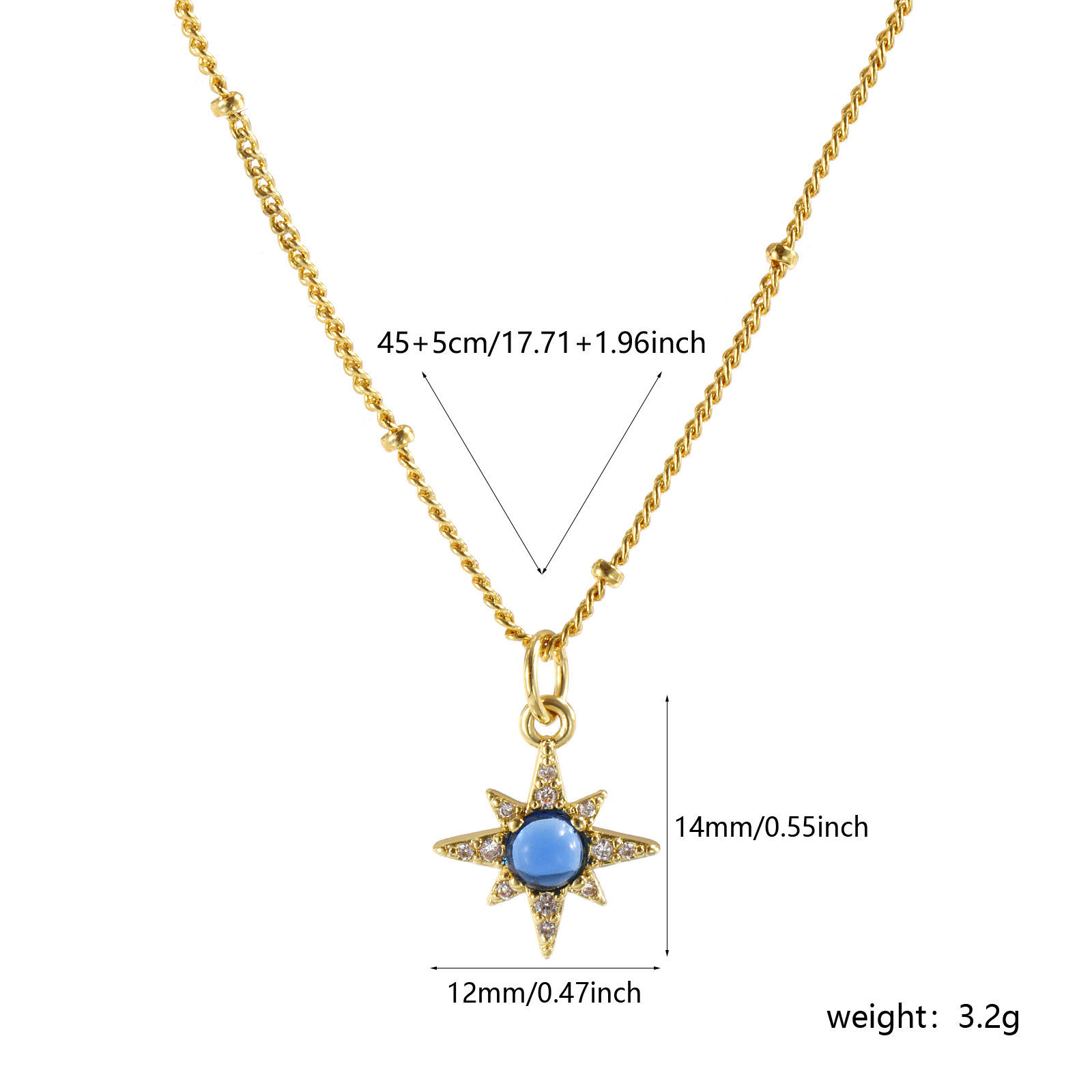 Picture of 1 Piece Eco-friendly Exquisite Galaxy 18K Real Gold Plated Dark Blue Brass & Cubic Zirconia Curb Link Chain Star Pendant Charm Necklace For Women Gift 45cm(17.7") + 5cm(2") long