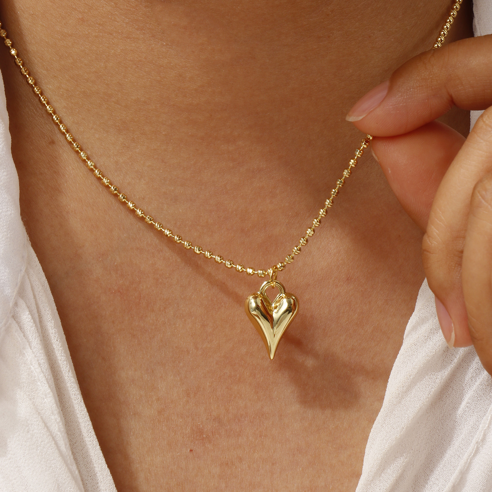 Picture of 18K Real Gold Plated Link Cable Chain Heart Pendant Charm Necklace, Brass 45cm(17.7") + 5cm(2"), For Women, 3D, Exquisite Valentine's Day Gift, Eco-friendly, 1 Piece