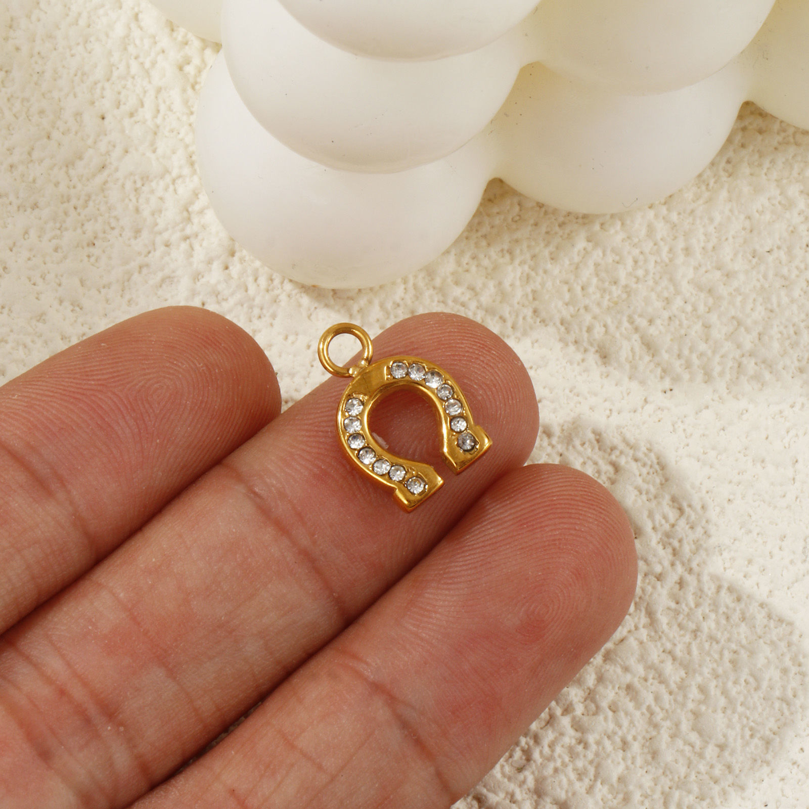 Picture of 1 Piece Eco-friendly PVD Vacuum Plating 304 Stainless Steel West Cowboy Charms 18K Real Gold Plated Luck Horseshoe Clear Cubic Zirconia 14mm x 9.5mm