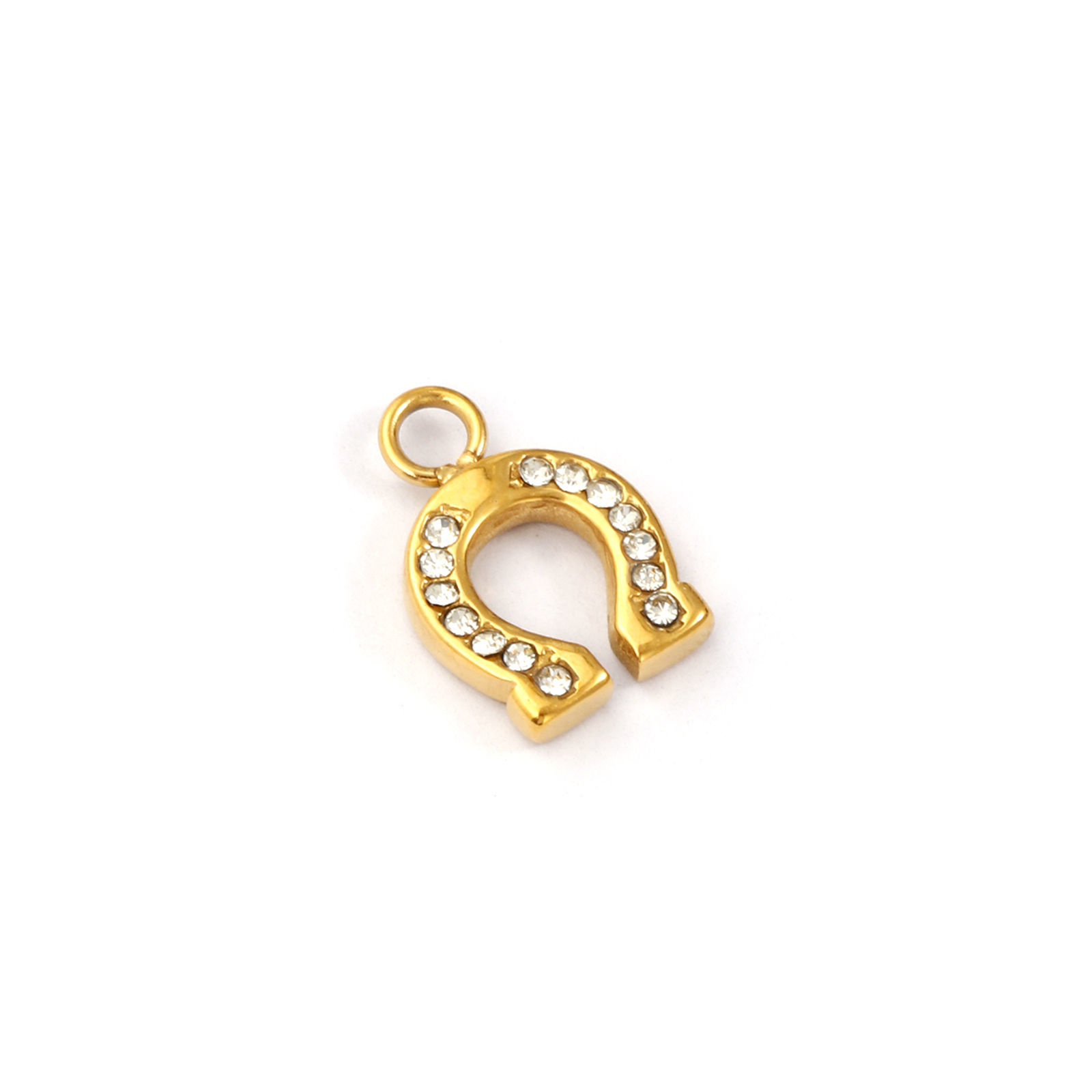 Picture of 1 Piece Eco-friendly PVD Vacuum Plating 304 Stainless Steel West Cowboy Charms 18K Real Gold Plated Luck Horseshoe Clear Cubic Zirconia 14mm x 9.5mm