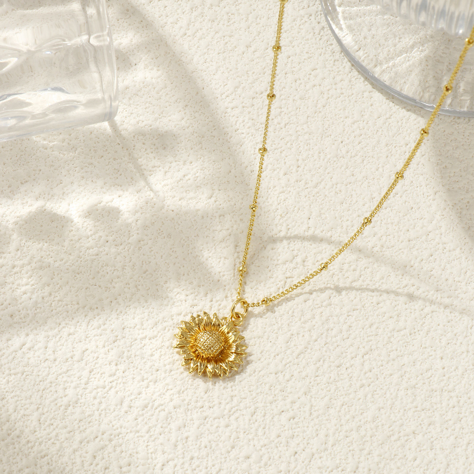 Bild von 18K Real Gold Plated Curb Link Chain Sunflower Pendant Charm Necklace, Brass 45cm(17.7") + 5cm(2"), For Women, Stylish Ocean Jewelry Gift, Eco-friendly, 1 Piece
