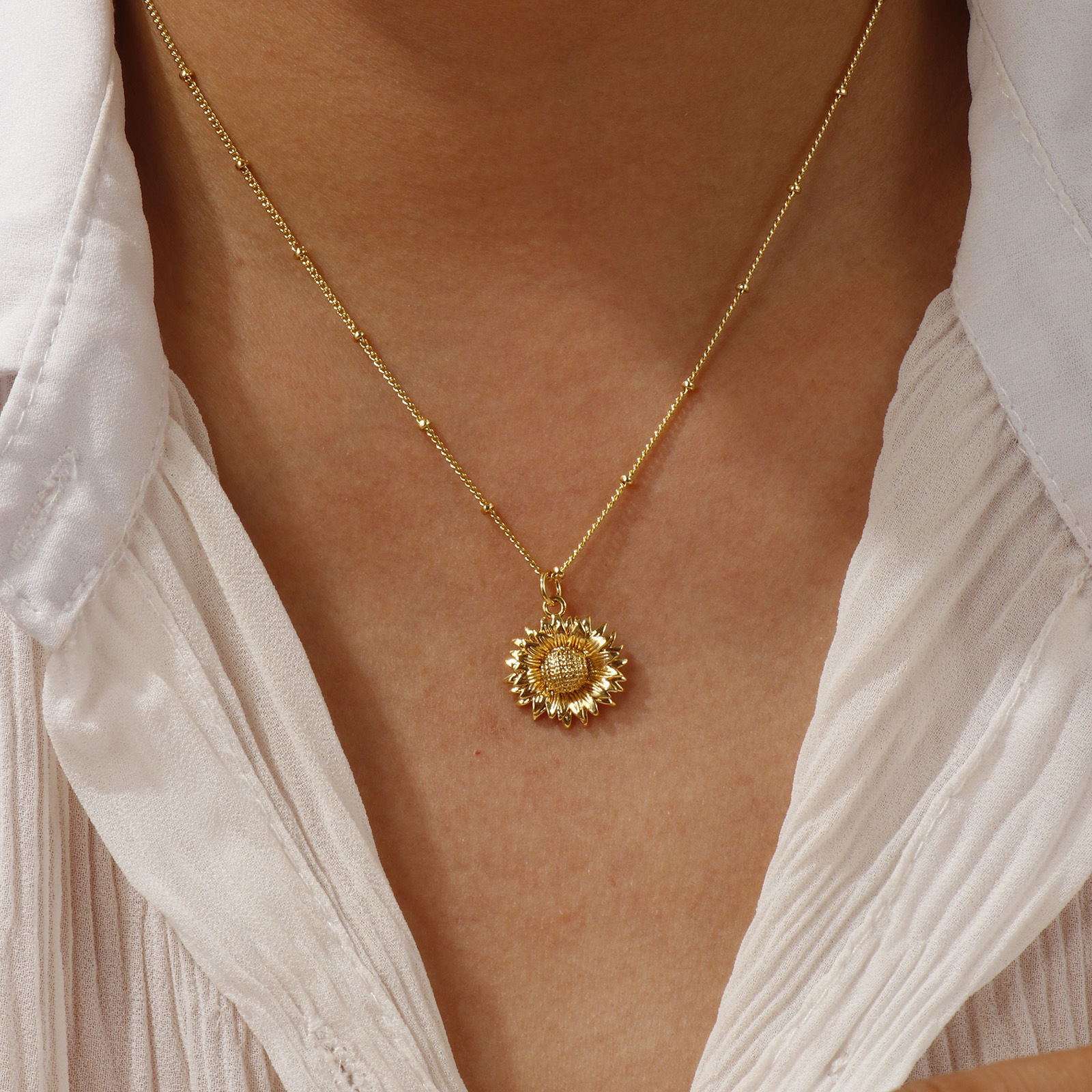 Bild von 18K Real Gold Plated Curb Link Chain Sunflower Pendant Charm Necklace, Brass 45cm(17.7") + 5cm(2"), For Women, Stylish Ocean Jewelry Gift, Eco-friendly, 1 Piece