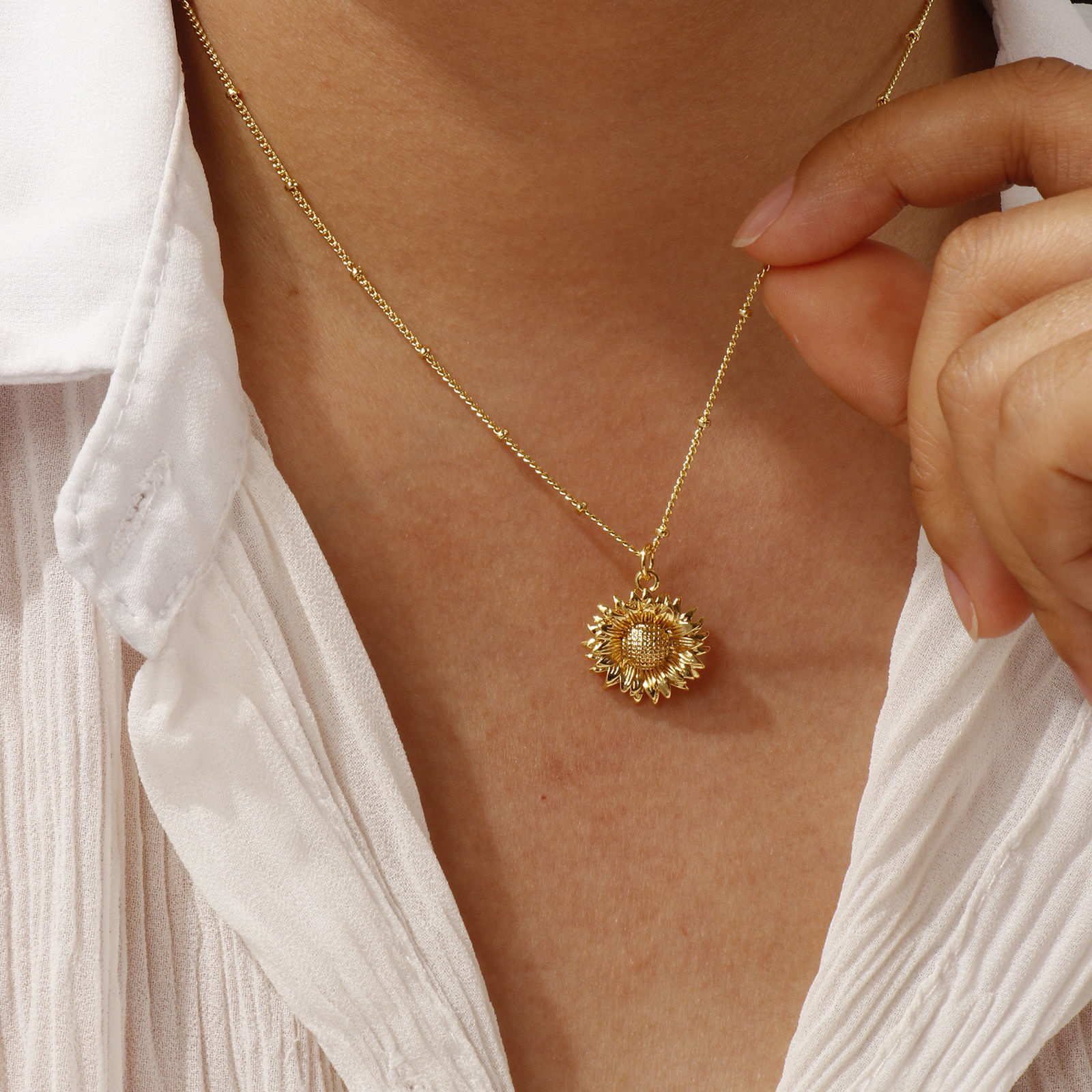 Bild von 18K Real Gold Plated Curb Link Chain Sunflower Pendant Charm Necklace, Brass 45cm(17.7") + 5cm(2"), For Women, Stylish Ocean Jewelry Gift, Eco-friendly, 1 Piece