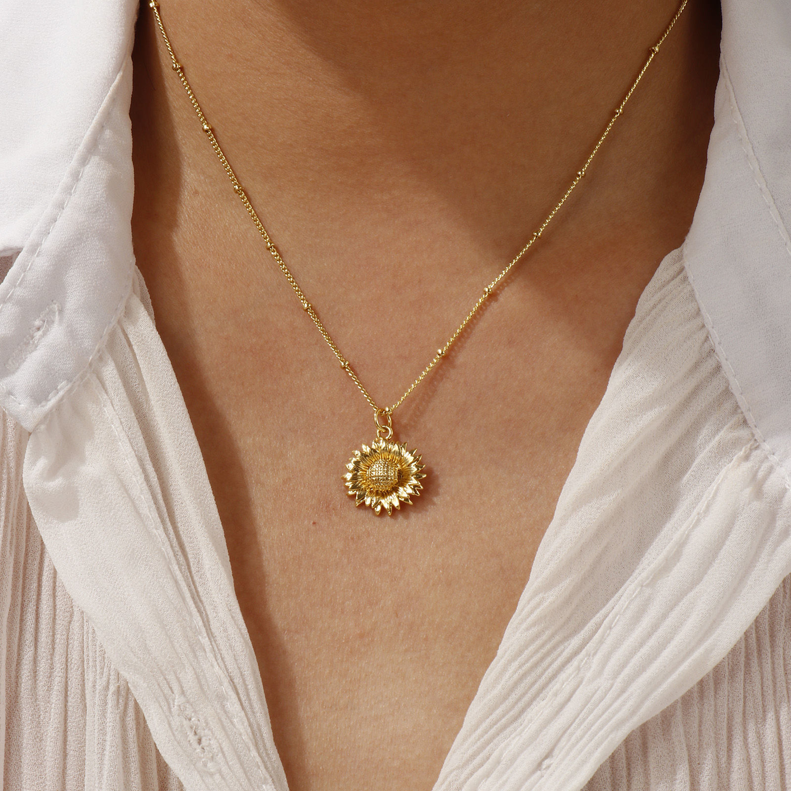 Bild von 18K Real Gold Plated Curb Link Chain Sunflower Pendant Charm Necklace, Brass 45cm(17.7") + 5cm(2"), For Women, Stylish Ocean Jewelry Gift, Eco-friendly, 1 Piece