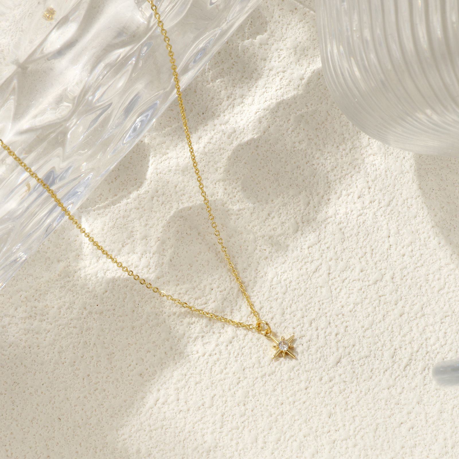 Bild von 18K Echtgold plattiert Kreuz Gliederketten Polarisstern Anhänger Halskette, Messing 45cm + 5cm, Für Frauen, Klar Zirkonia Elegant Galaxis Geschenk, Umweltfreundlich, 1 Strang