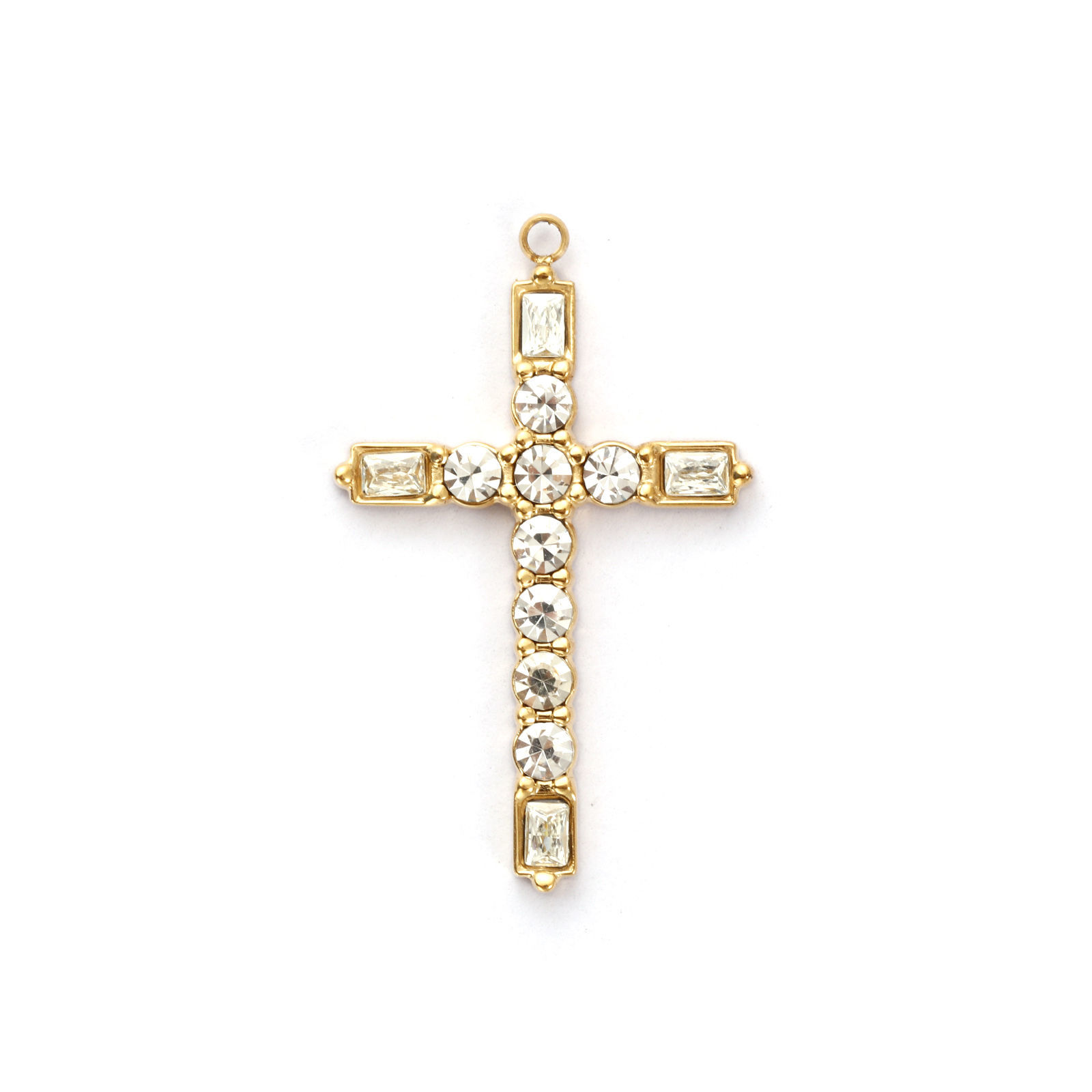 Picture of 1 Piece Eco-friendly PVD Vacuum Plating 304 Stainless Steel Religious Pendants 18K Real Gold Plated Cross Clear Cubic Zirconia 3.3cm x 2cm