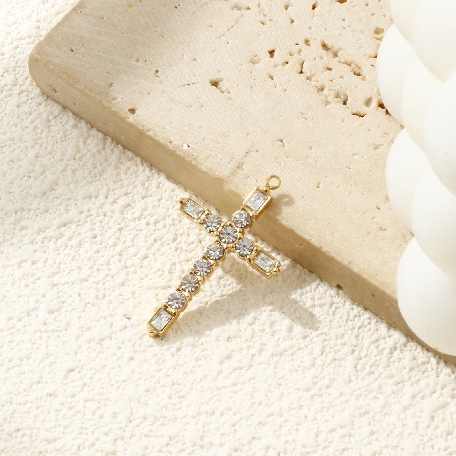 Picture of 1 Piece Eco-friendly PVD Vacuum Plating 304 Stainless Steel Religious Pendants 18K Real Gold Plated Cross Clear Cubic Zirconia 3.3cm x 2cm