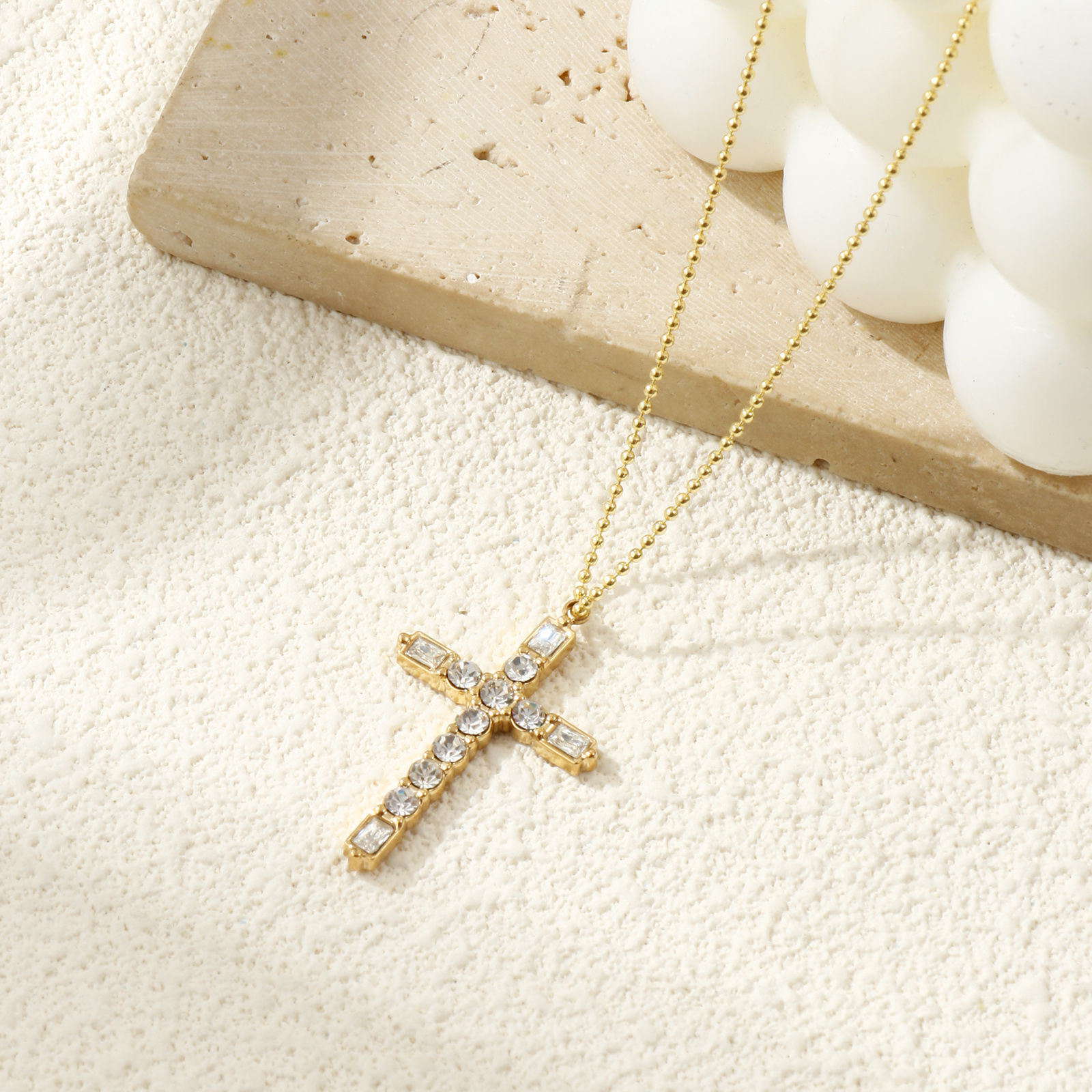 Picture of 1 Piece Eco-friendly PVD Vacuum Plating 304 Stainless Steel Religious Pendants 18K Real Gold Plated Cross Clear Cubic Zirconia 3.3cm x 2cm