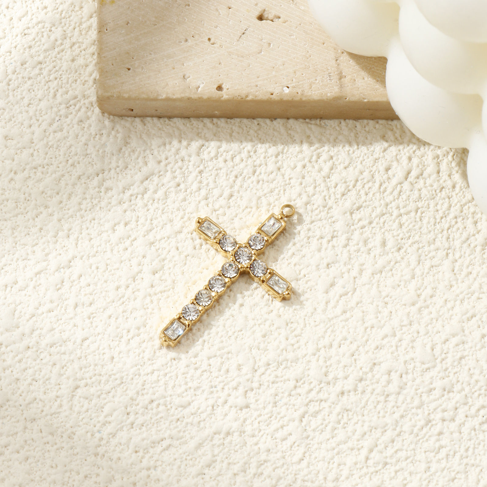 Picture of 1 Piece Eco-friendly PVD Vacuum Plating 304 Stainless Steel Religious Pendants 18K Real Gold Plated Cross Clear Cubic Zirconia 3.3cm x 2cm