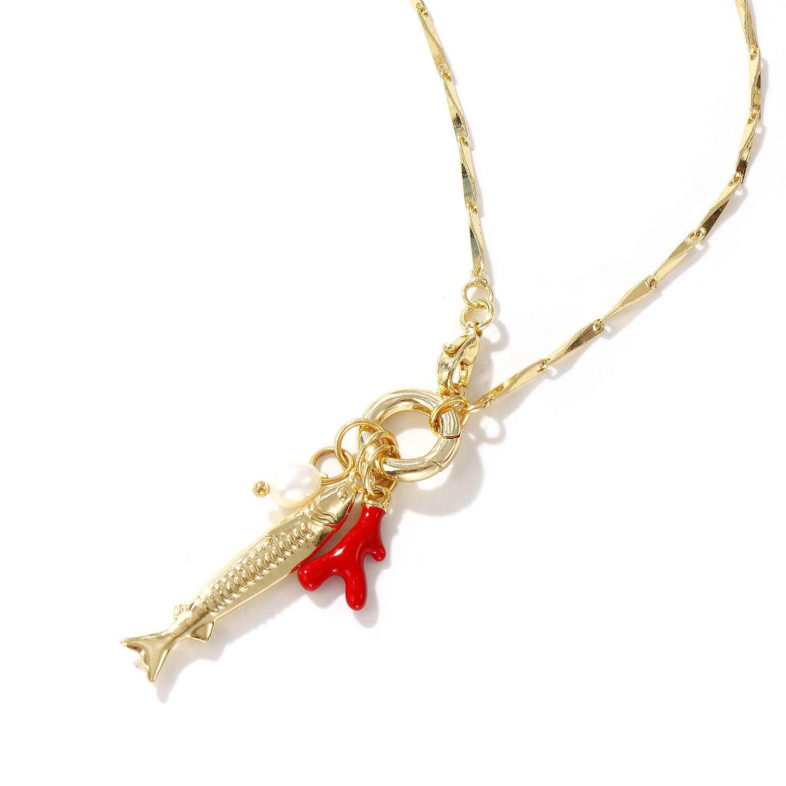 Bild von 18K Echtgold plattiert Melonenkerne Kette Fisch Anhänger Halskette, Messing & Natürliche Perle 45cm, Für Frauen, Koralle Rot Emaille Mit Federringverschluss, Stilvoll Ozean Schmuck Geschenk, Umweltfreundlich, 1 Strang